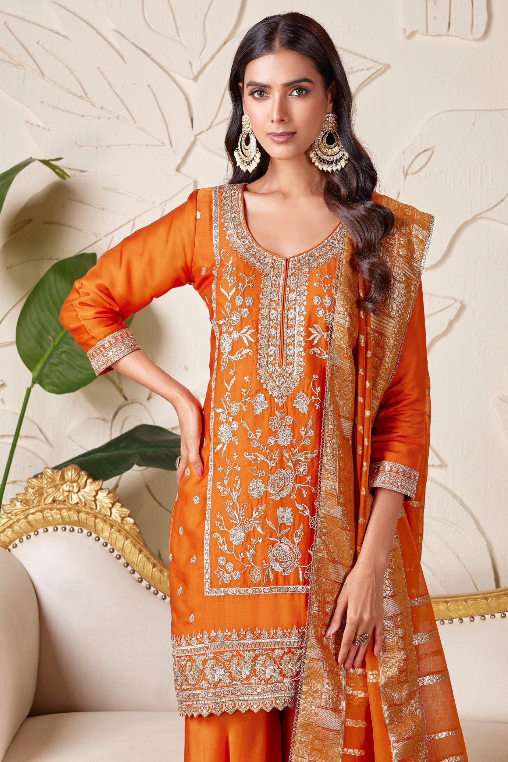 Vibrant Orange Embellished Premium Silk Palazzo Set