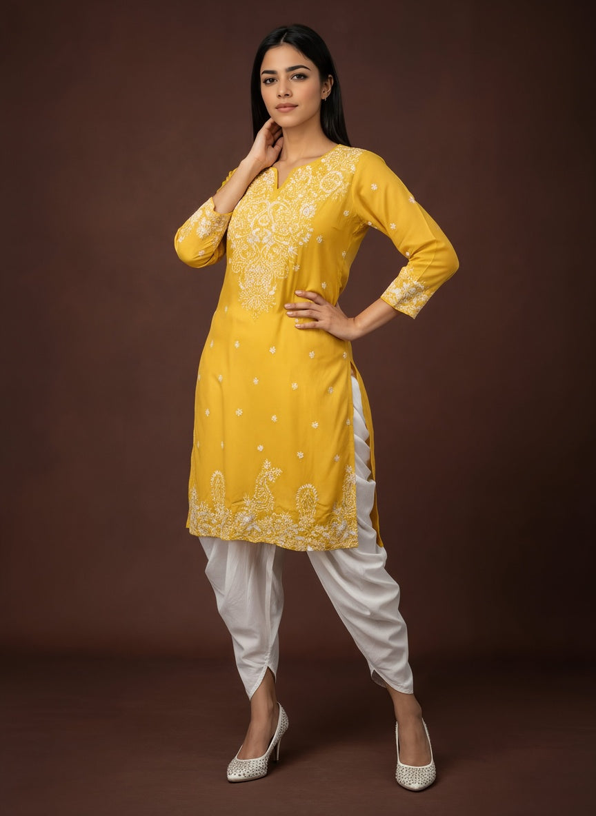 Saffron Yellow Embellished Chinon Silk Dhoti Set