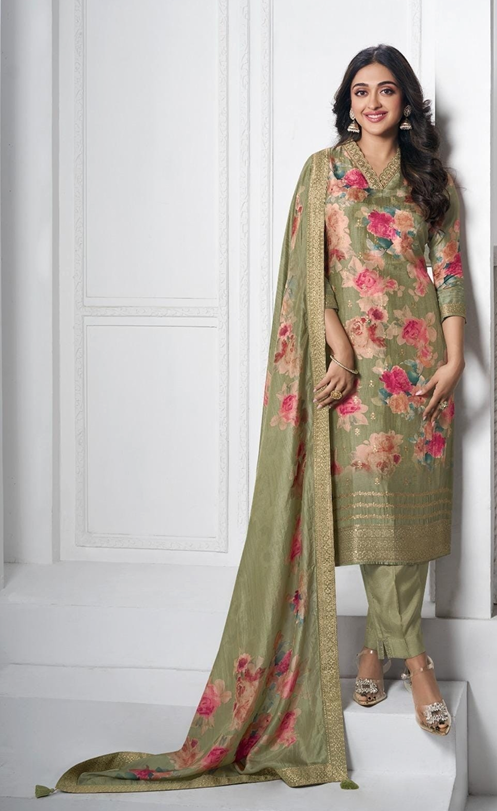 Green Floral Premium Silk Pants Set