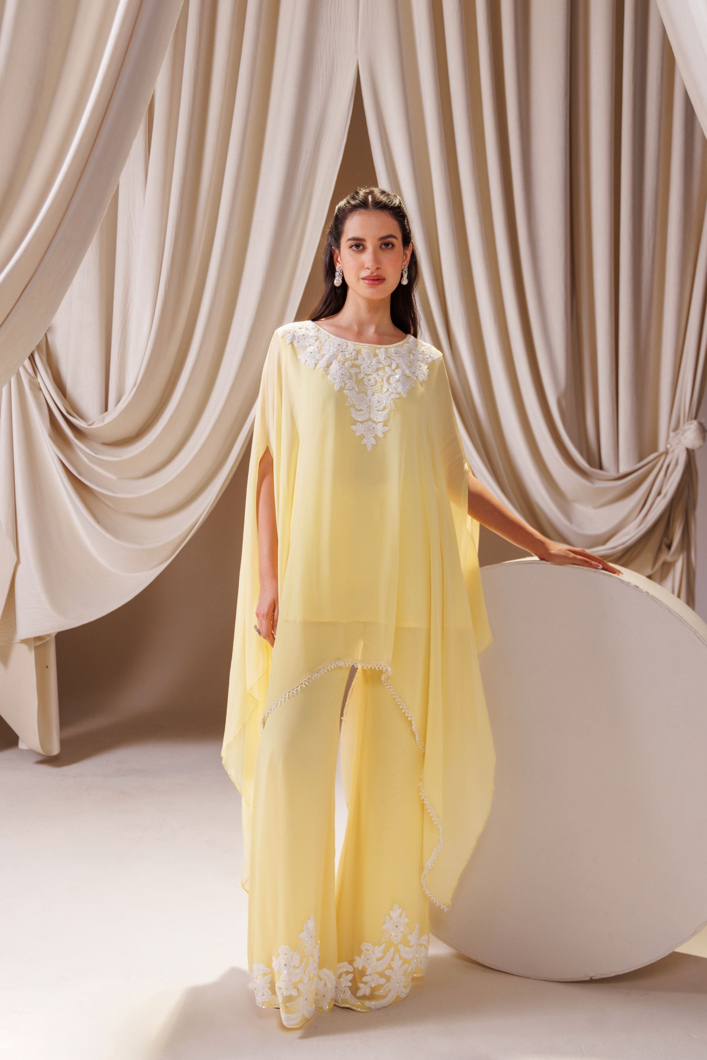 Yellow Embellished Georgette Silk Kaftan Set