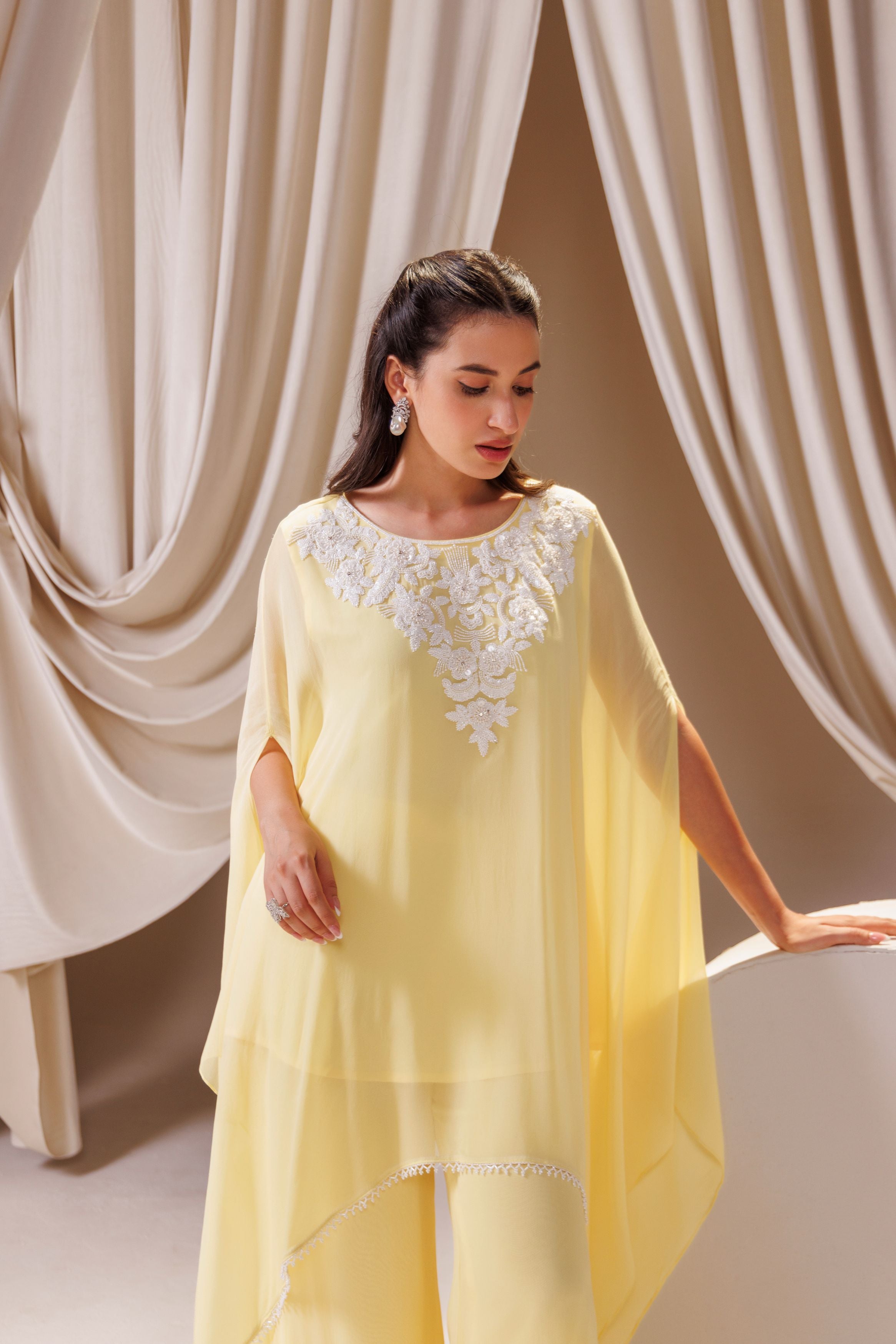 Yellow Embellished Georgette Silk Kaftan Set