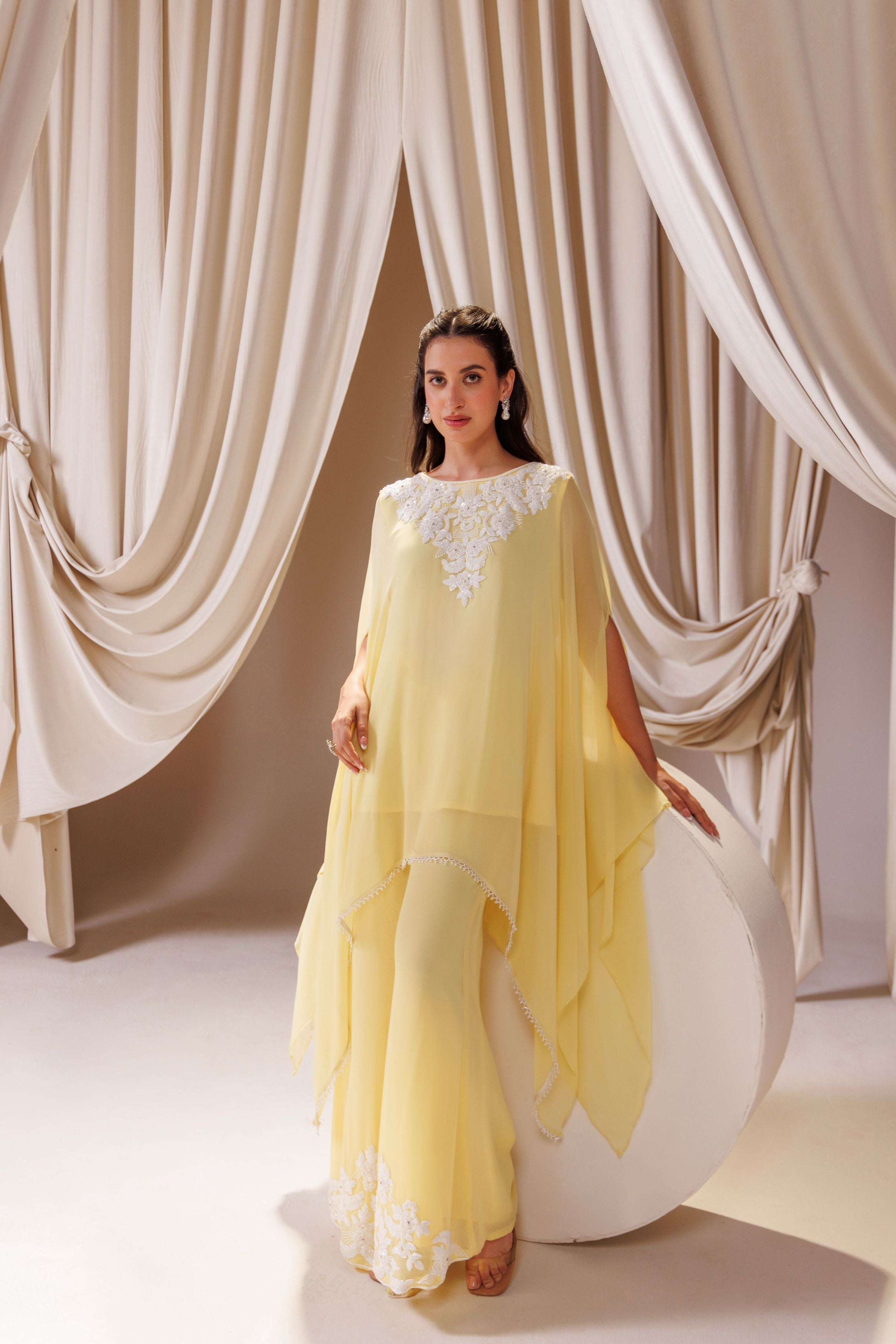 Yellow Embellished Georgette Silk Kaftan Set