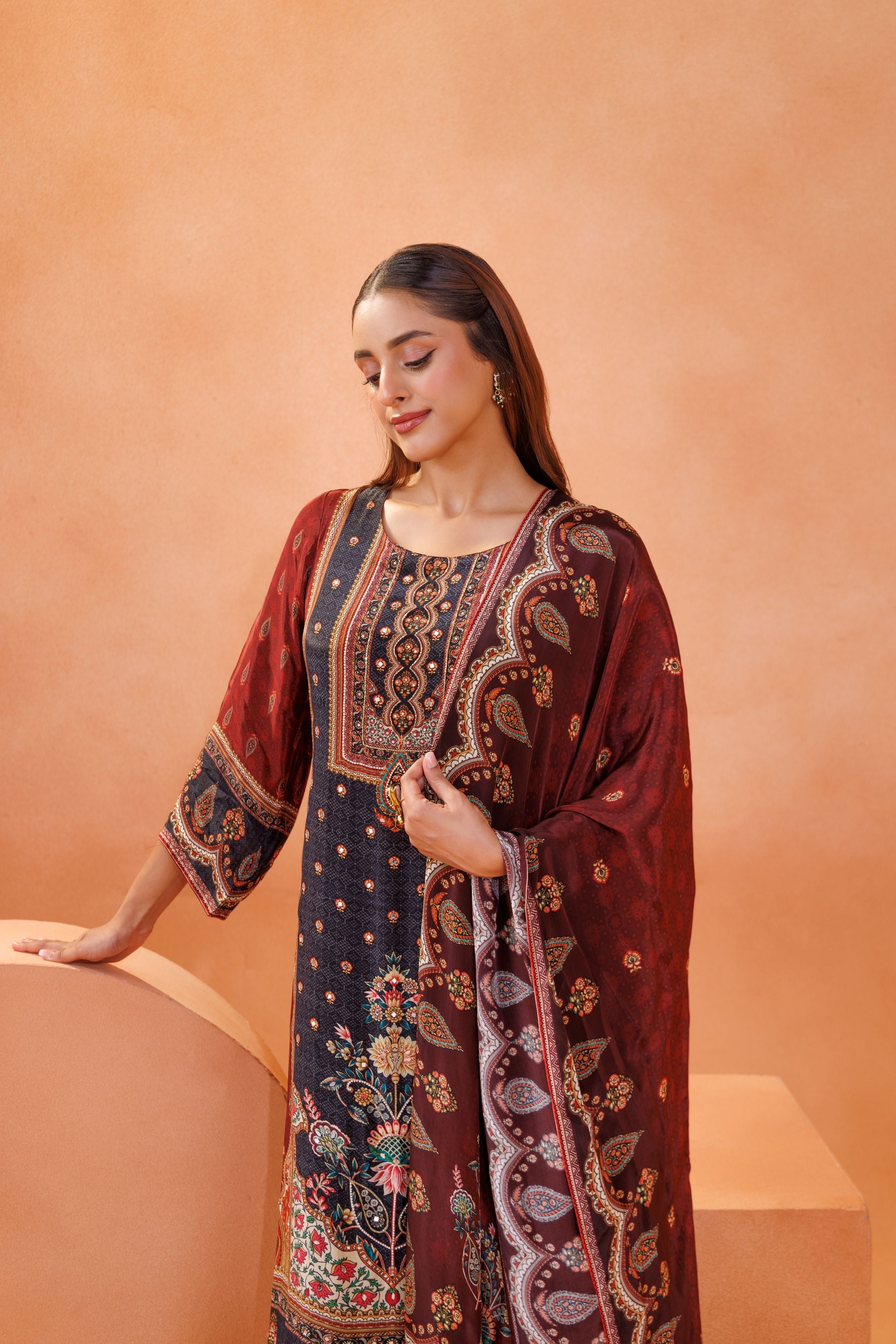 Embroidered Maroon & Charcoal Lawn Pant Set