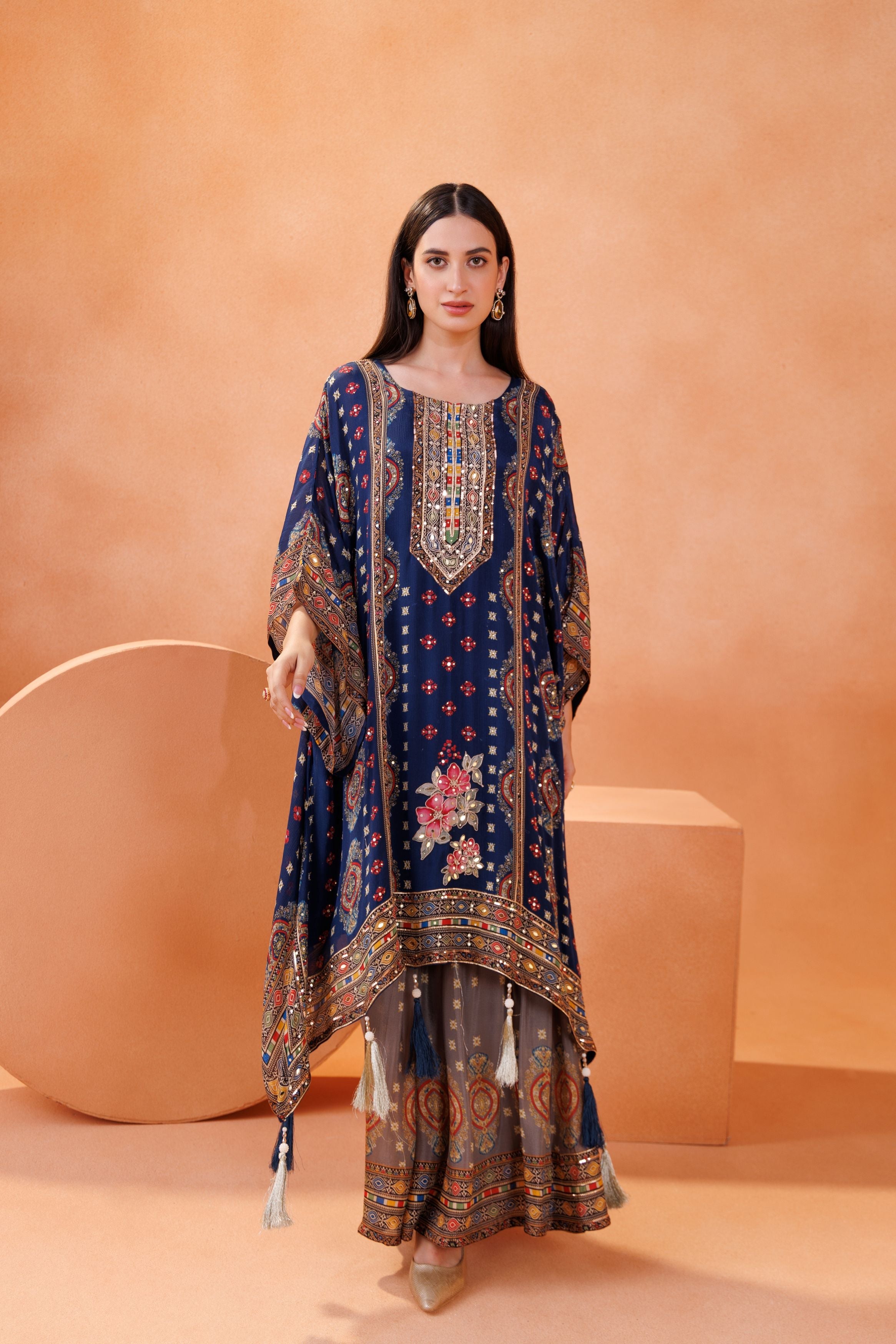 Royal Blue Embellished Chinon Silk Kaftan Set