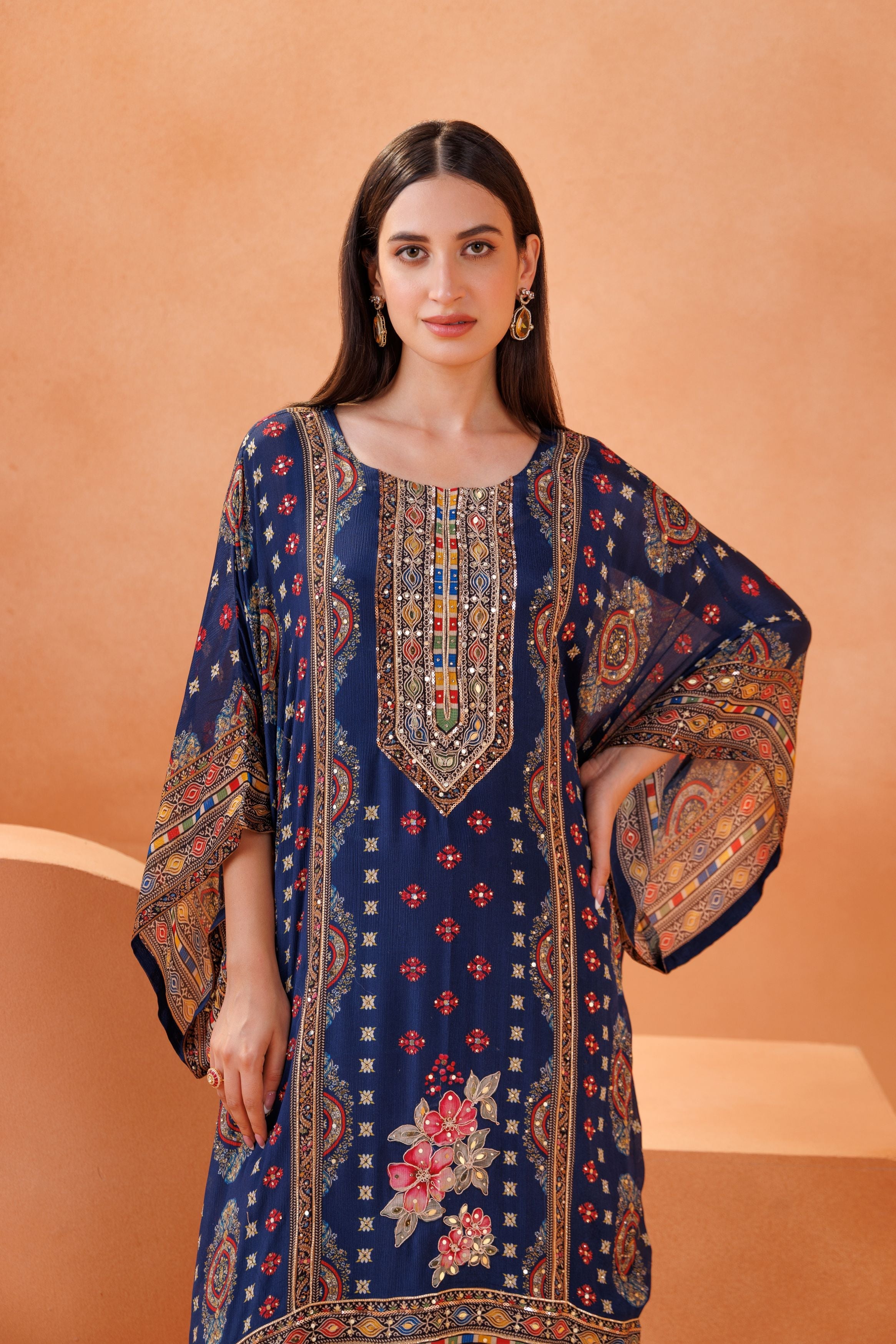 Royal Blue Embellished Chinon Silk Kaftan Set