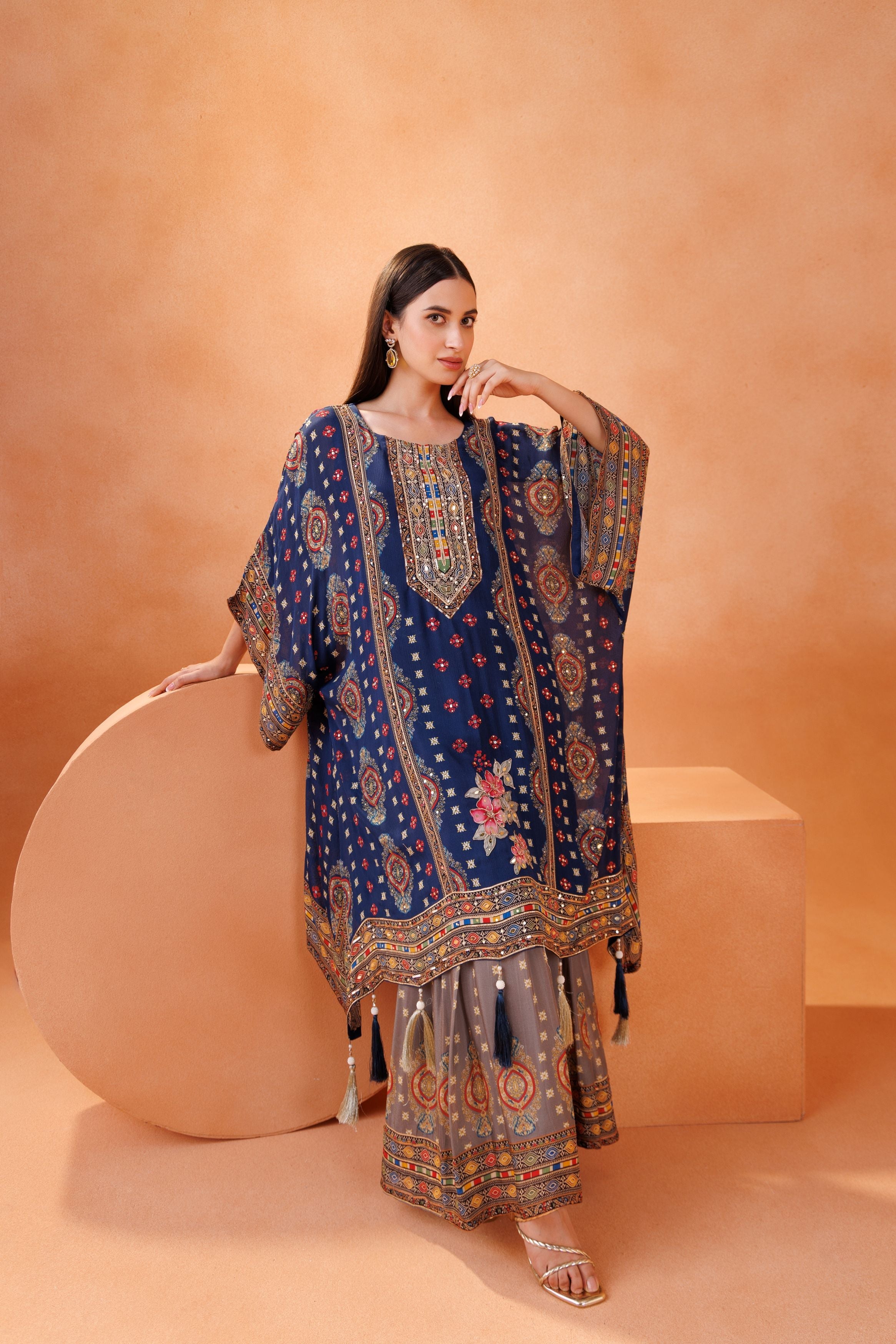 Royal Blue Embellished Chinon Silk Kaftan Set