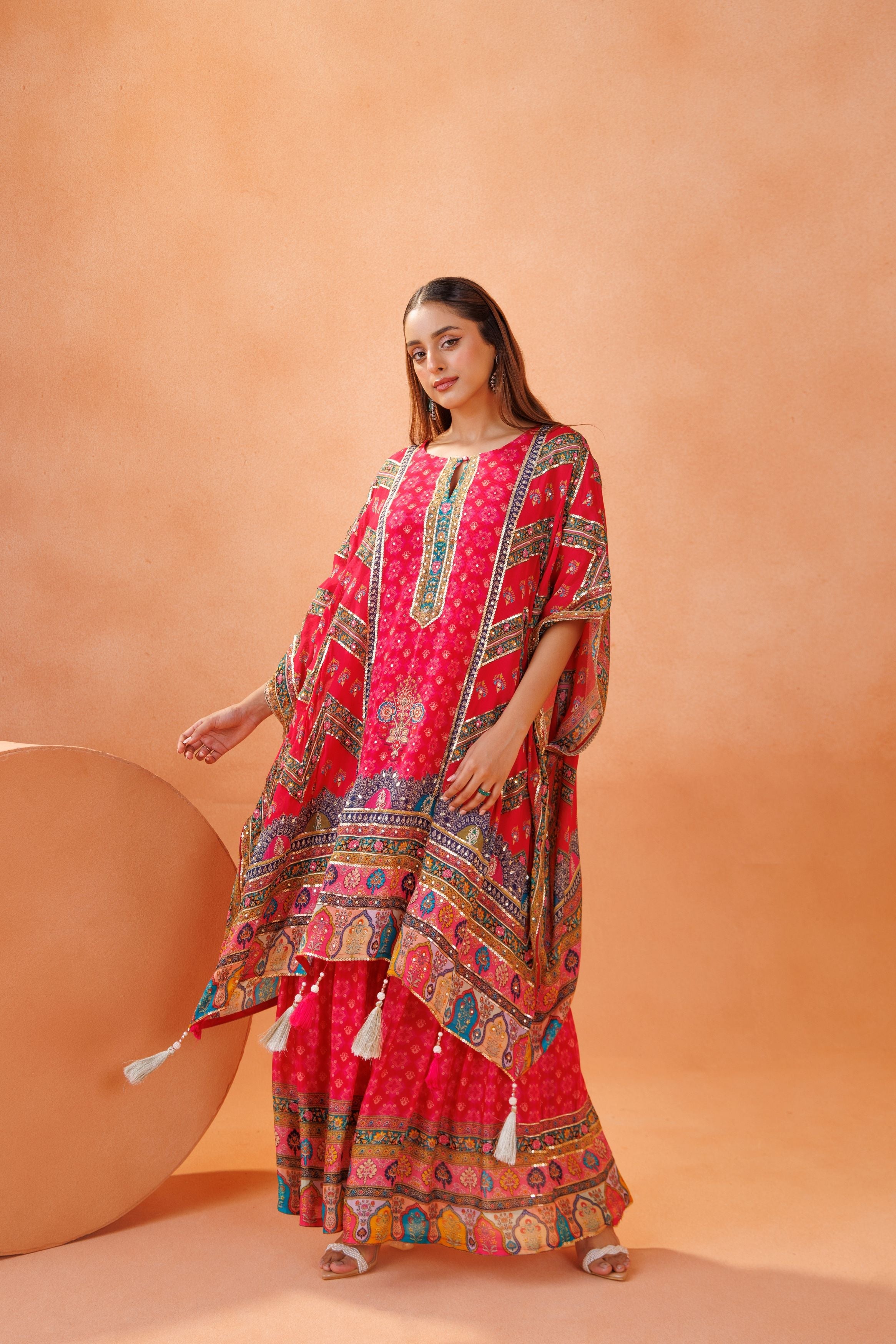 Rani Pink Embellished Chinon Silk Kaftan Set