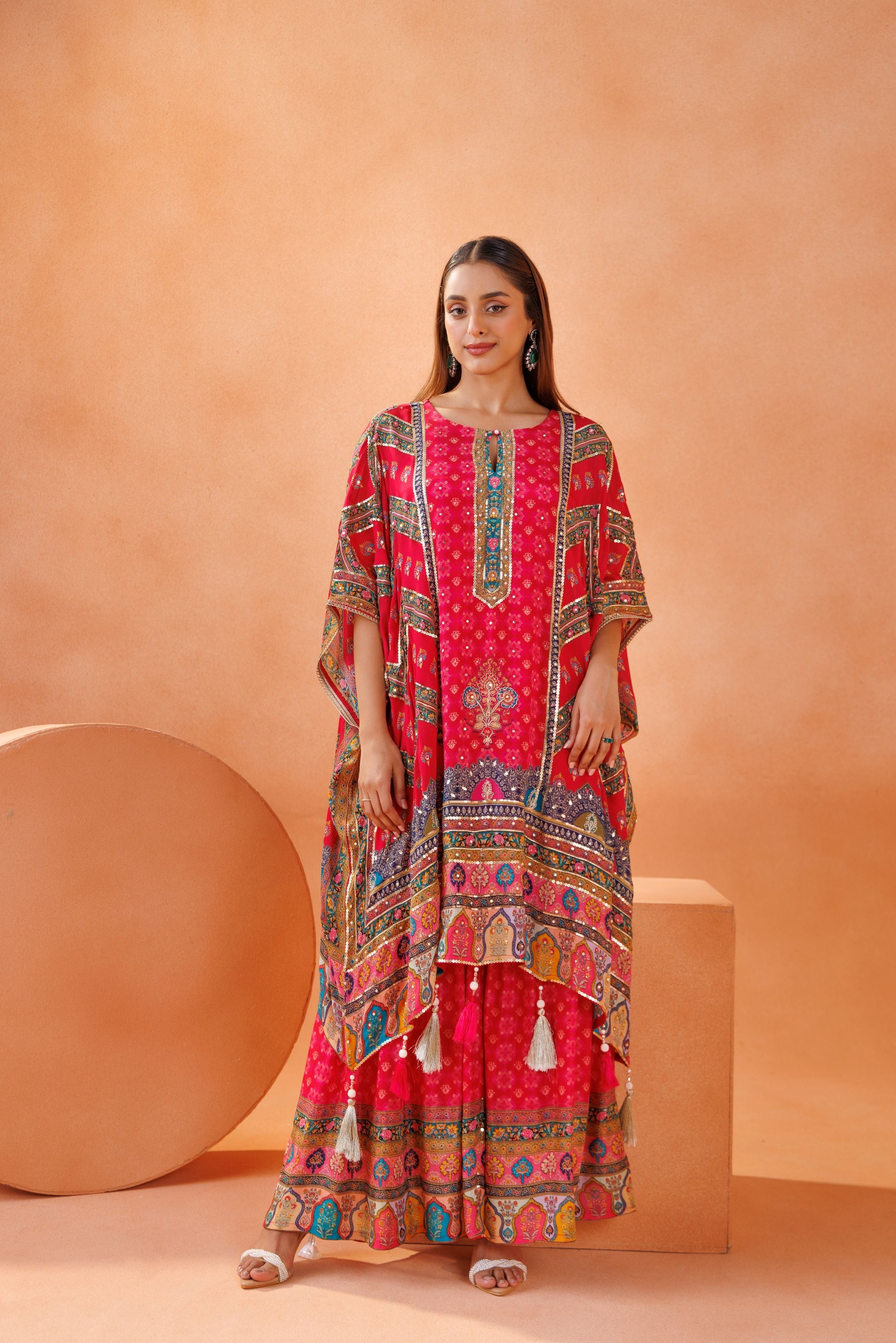 Rani Pink Embellished Chinon Silk Kaftan Set