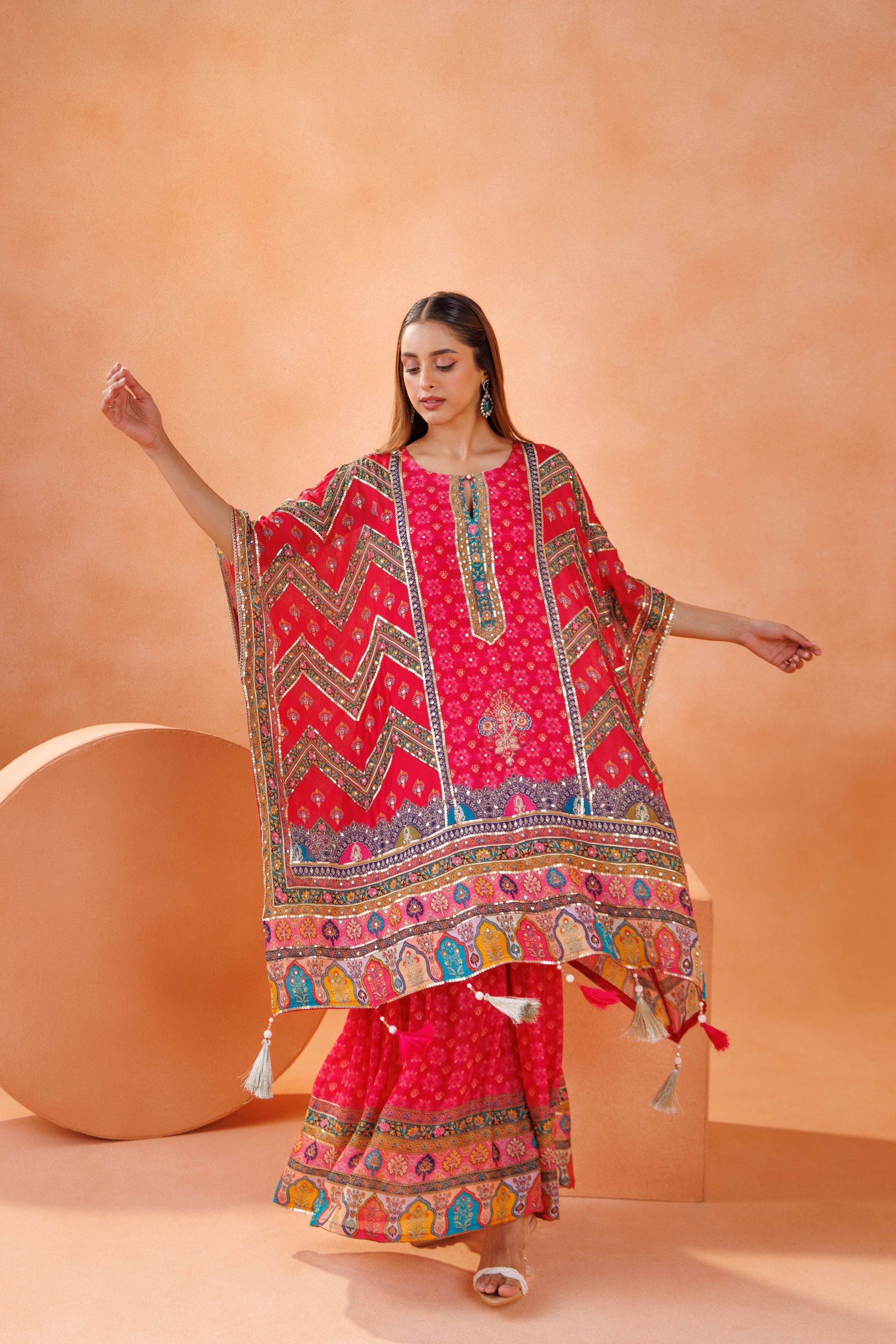 Rani Pink Embellished Chinon Silk Kaftan Set