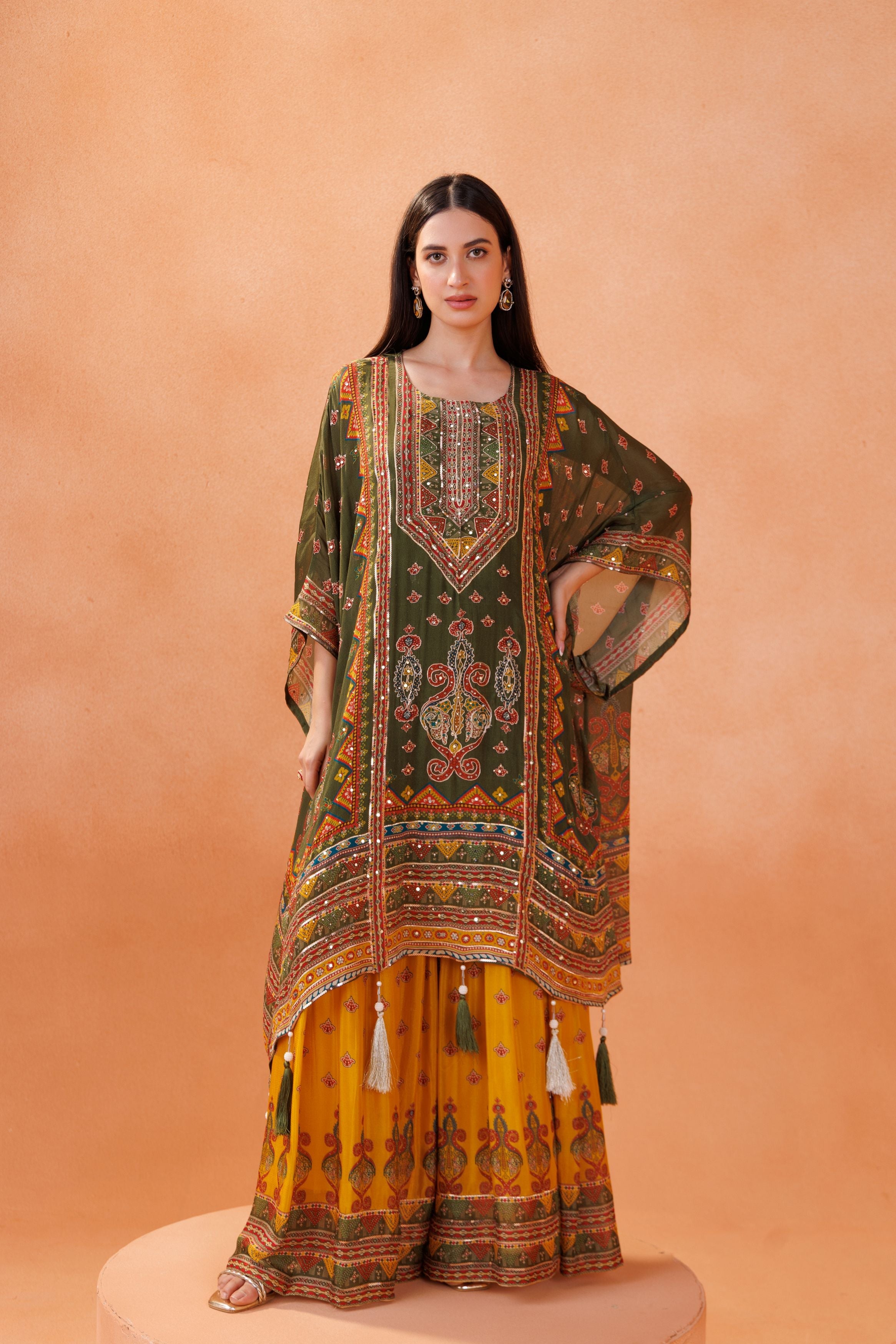 Green Embellished Chinon Silk Kaftan Set