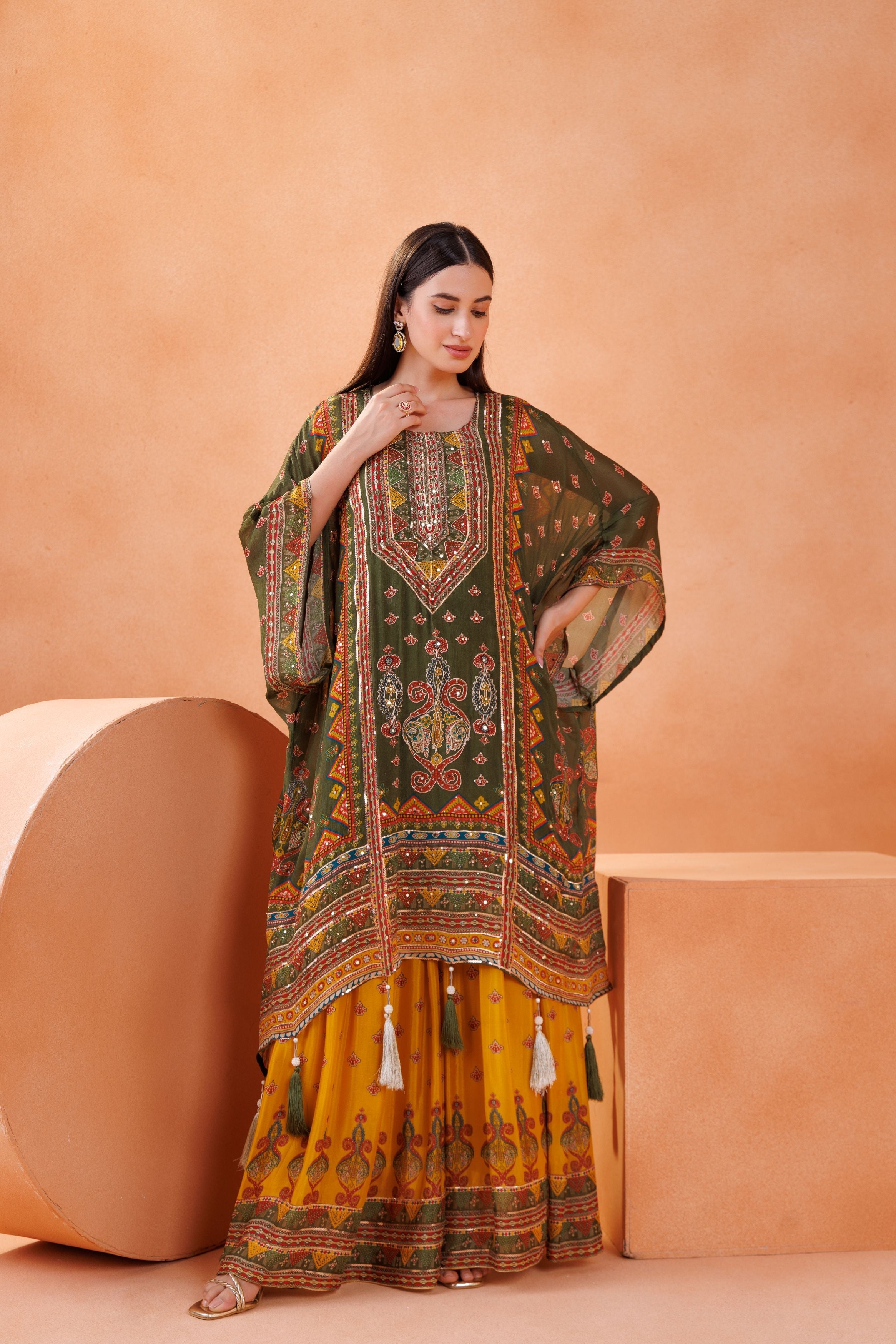 Green Embellished Chinon Silk Kaftan Set