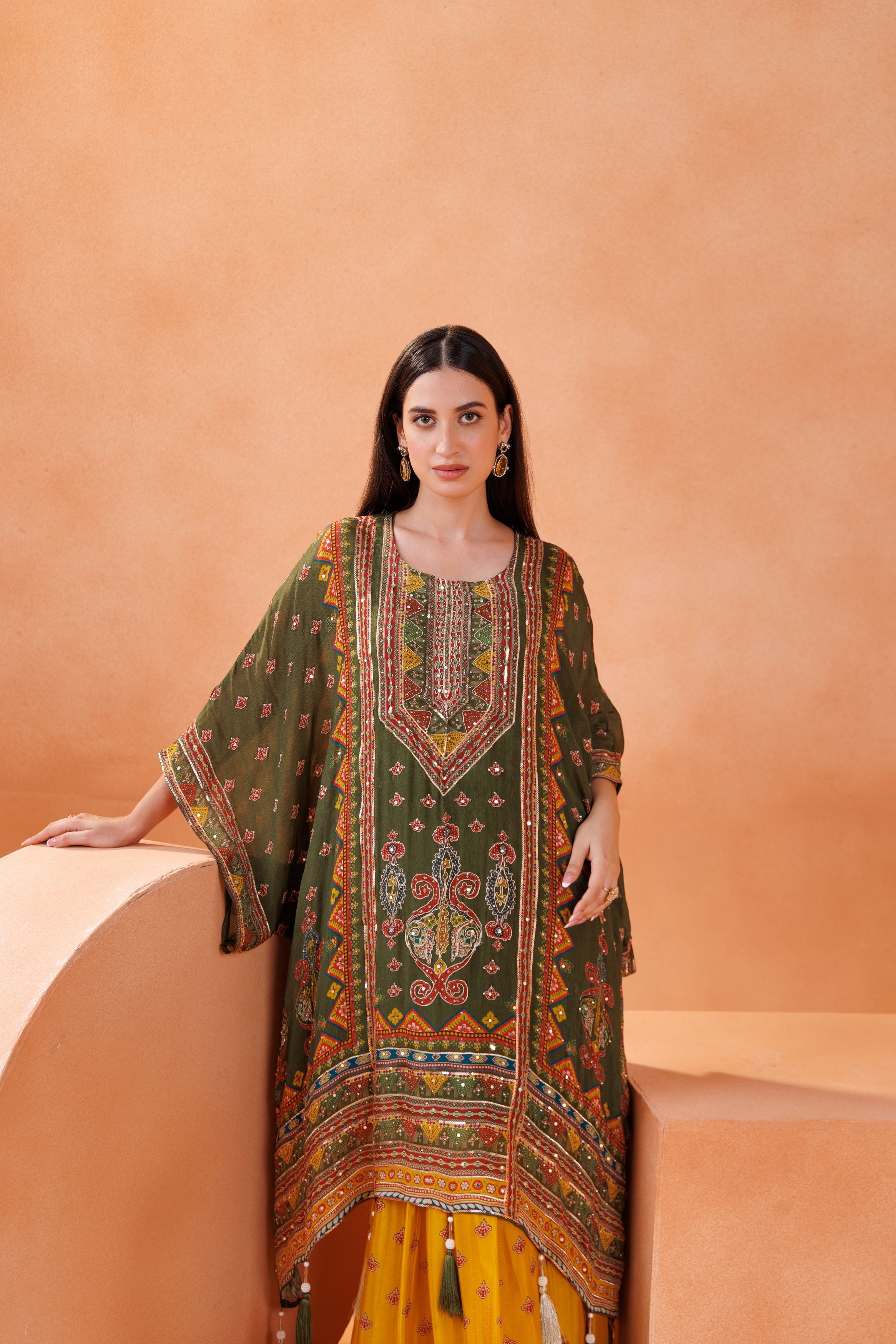 Green Embellished Chinon Silk Kaftan Set