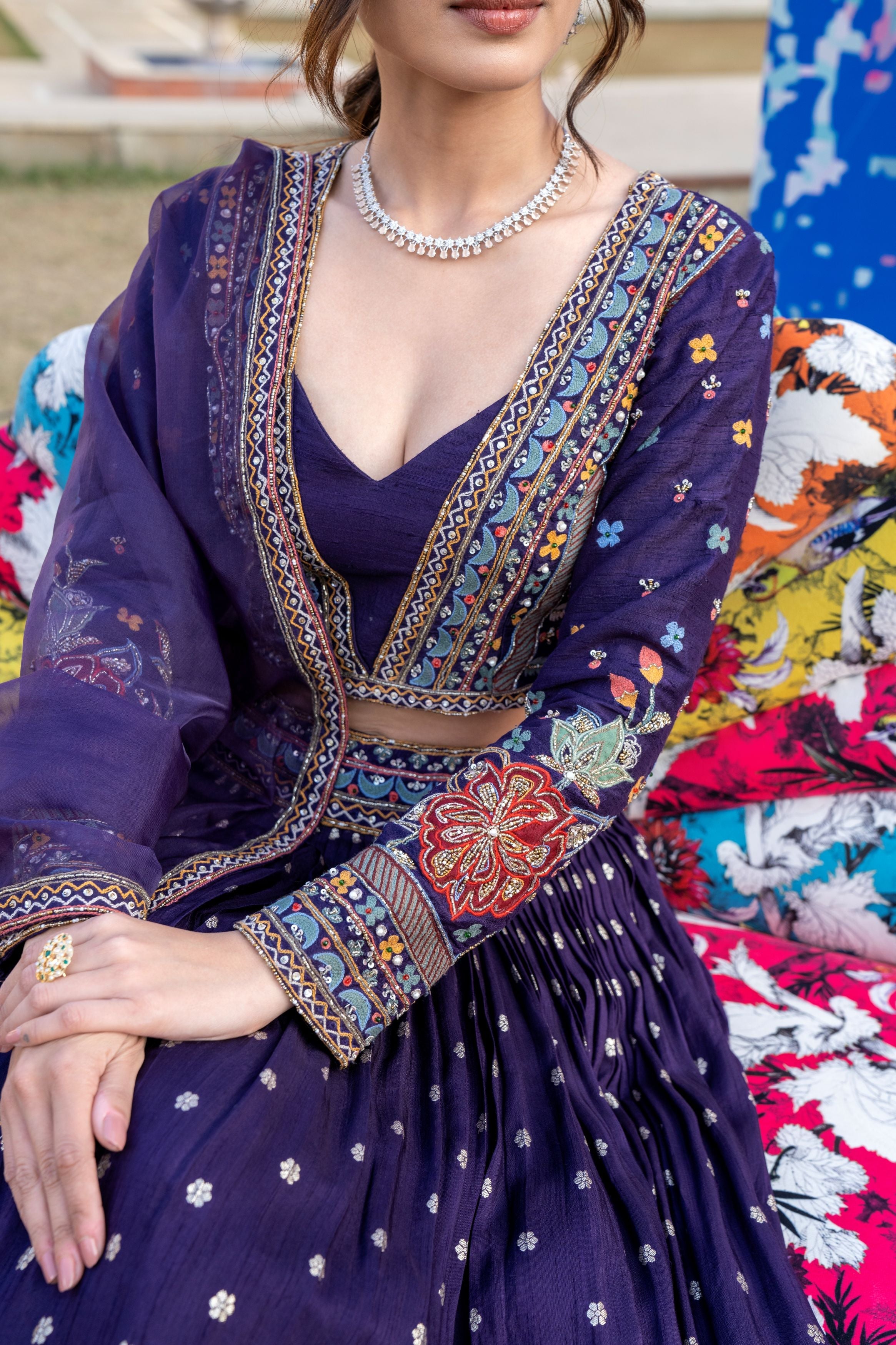Royal Purple Embroidered Raw Silk Lehenga Set