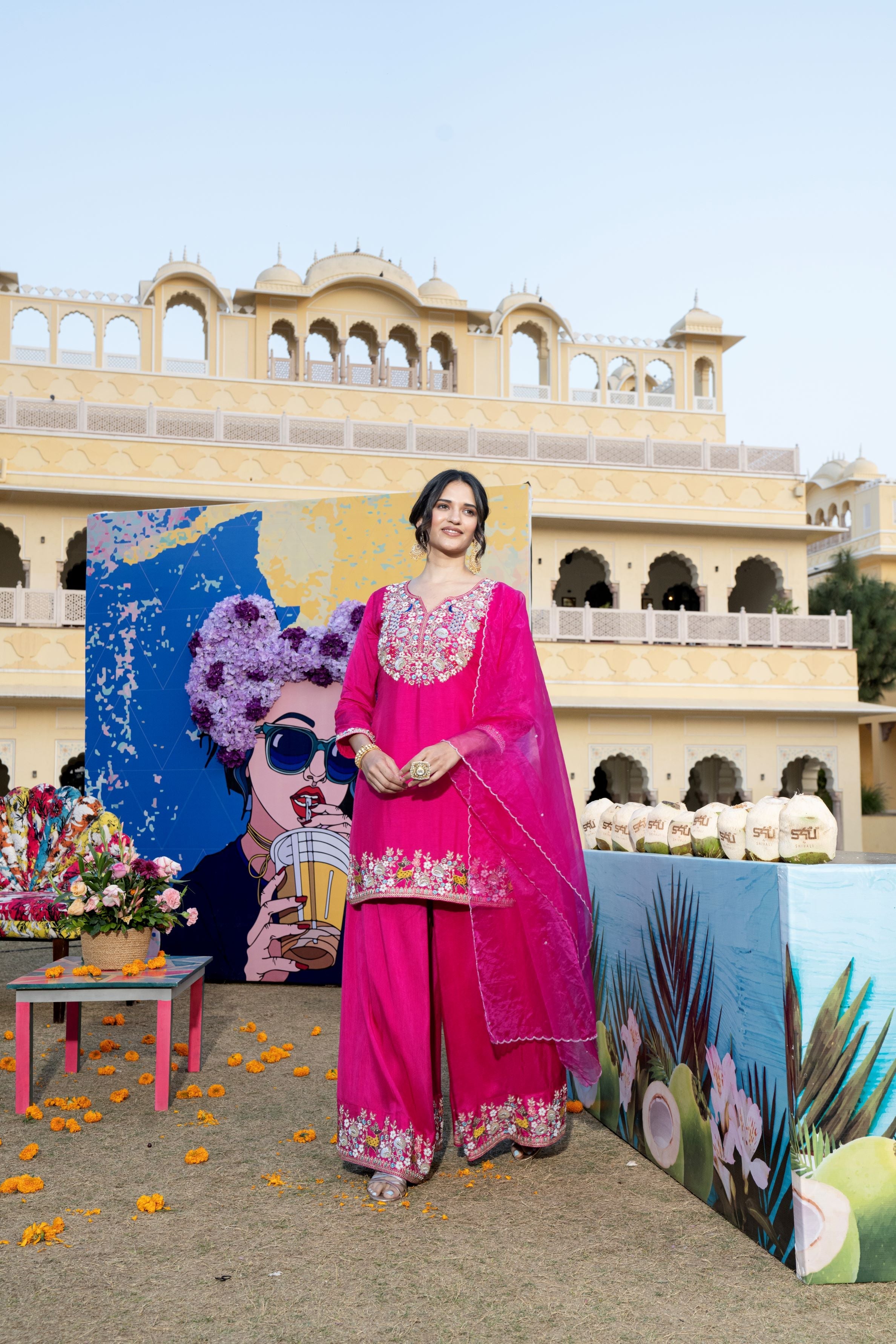 Rani Pink Embroidered Raw Silk Palazzo Set