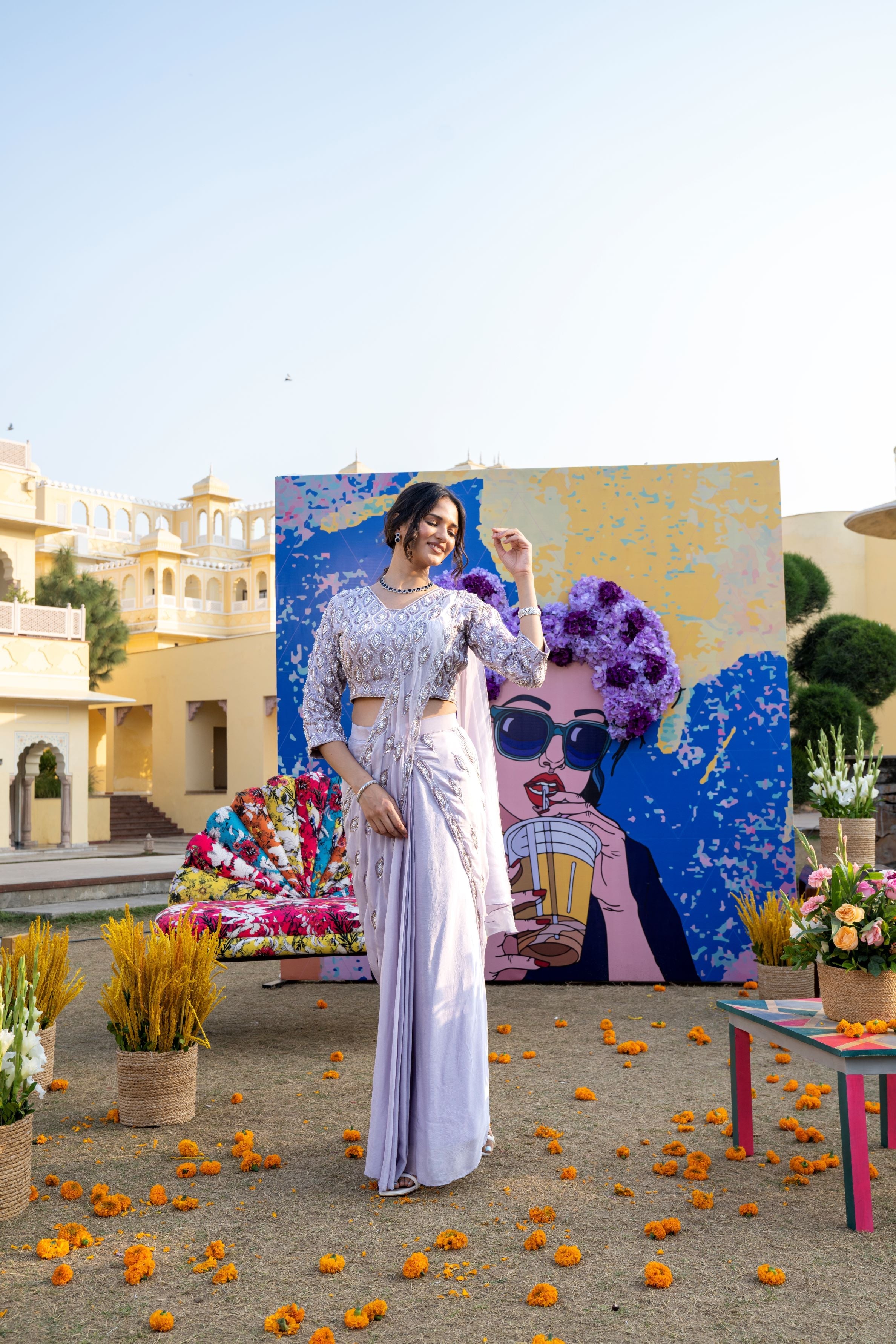 Light Lavender Embellished Chinon Silk Draped Saree