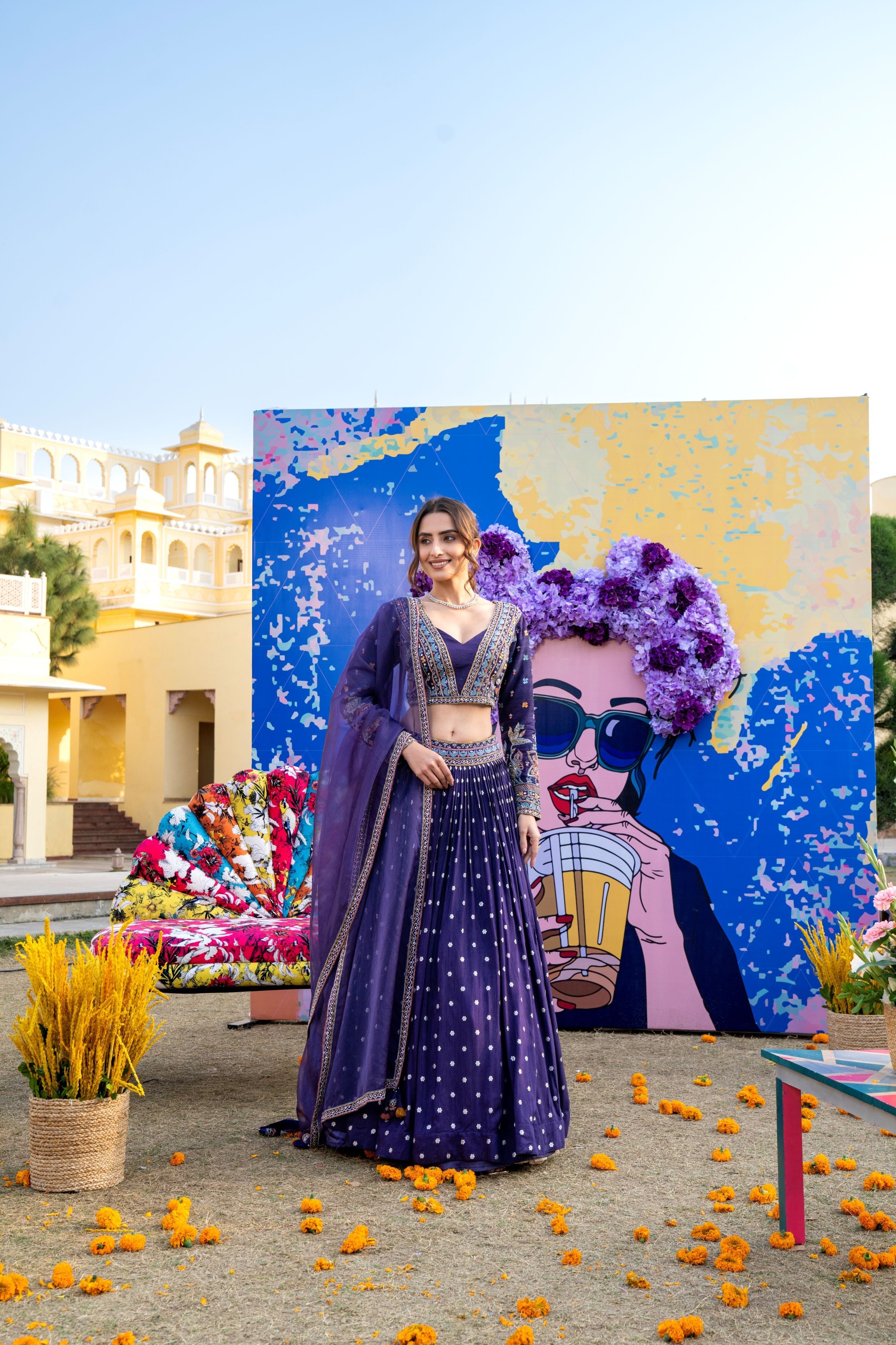 Royal Purple Embroidered Raw Silk Lehenga Set