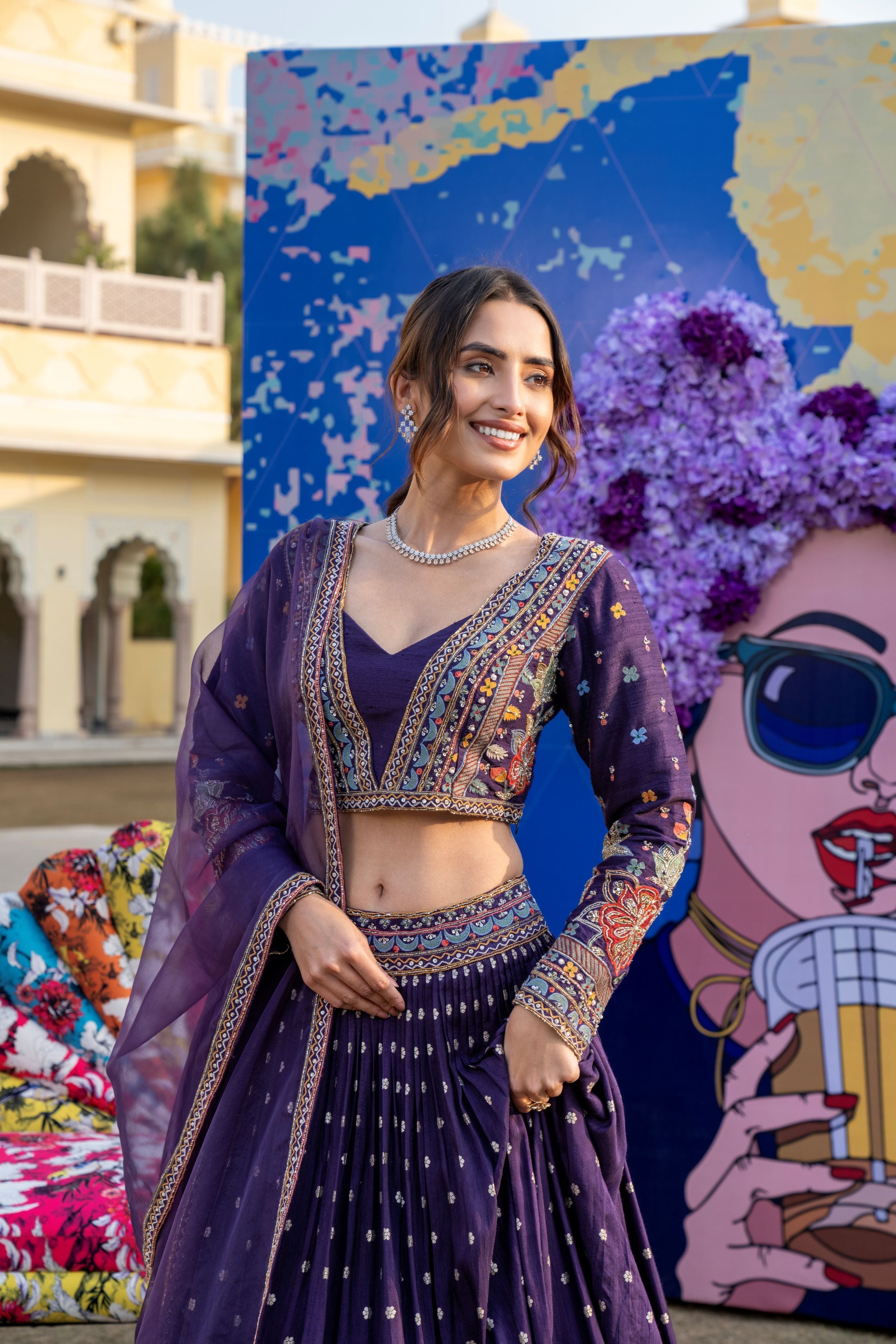Royal Purple Embroidered Raw Silk Lehenga Set