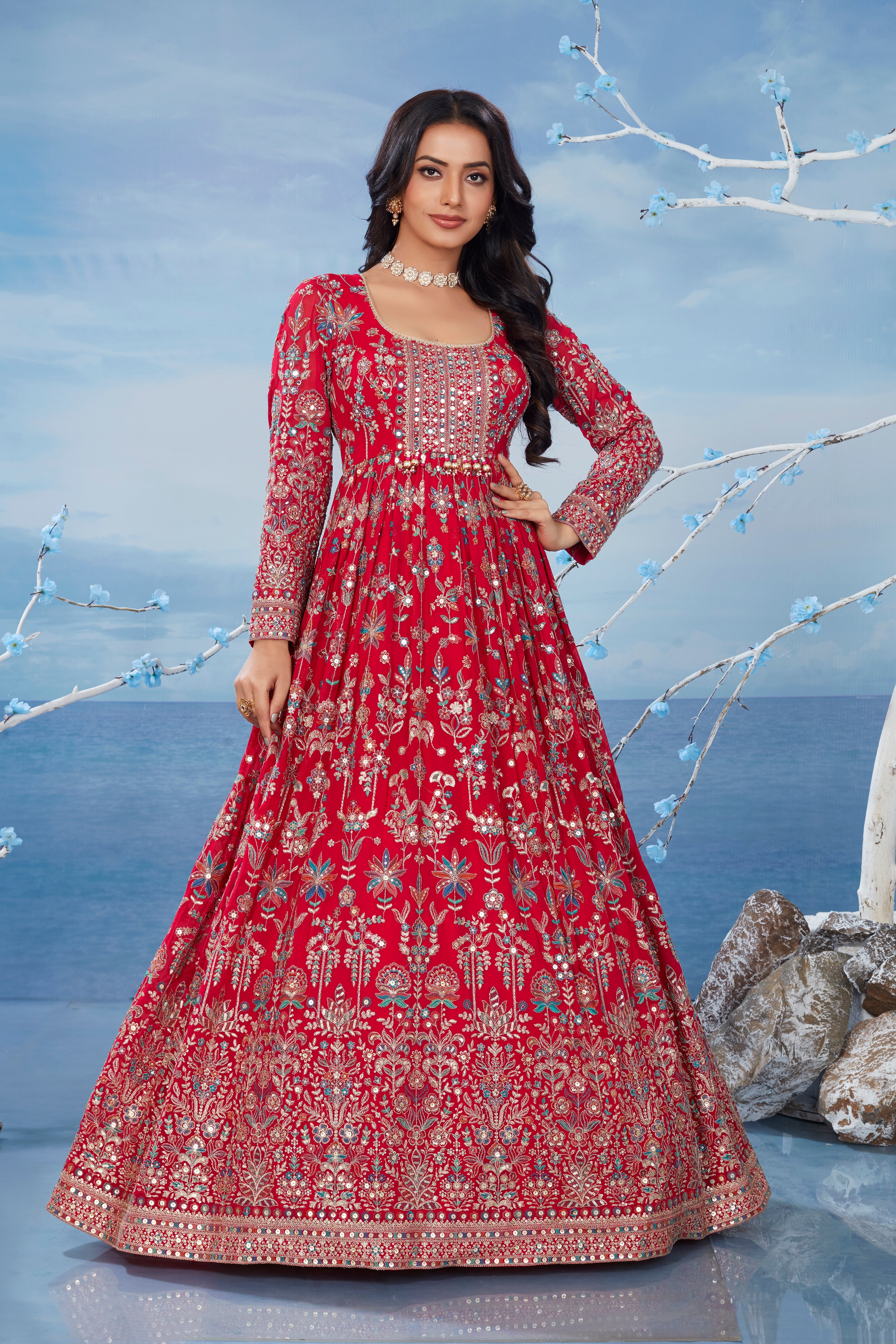 Cerise Red Embellished Premium Silk Gown