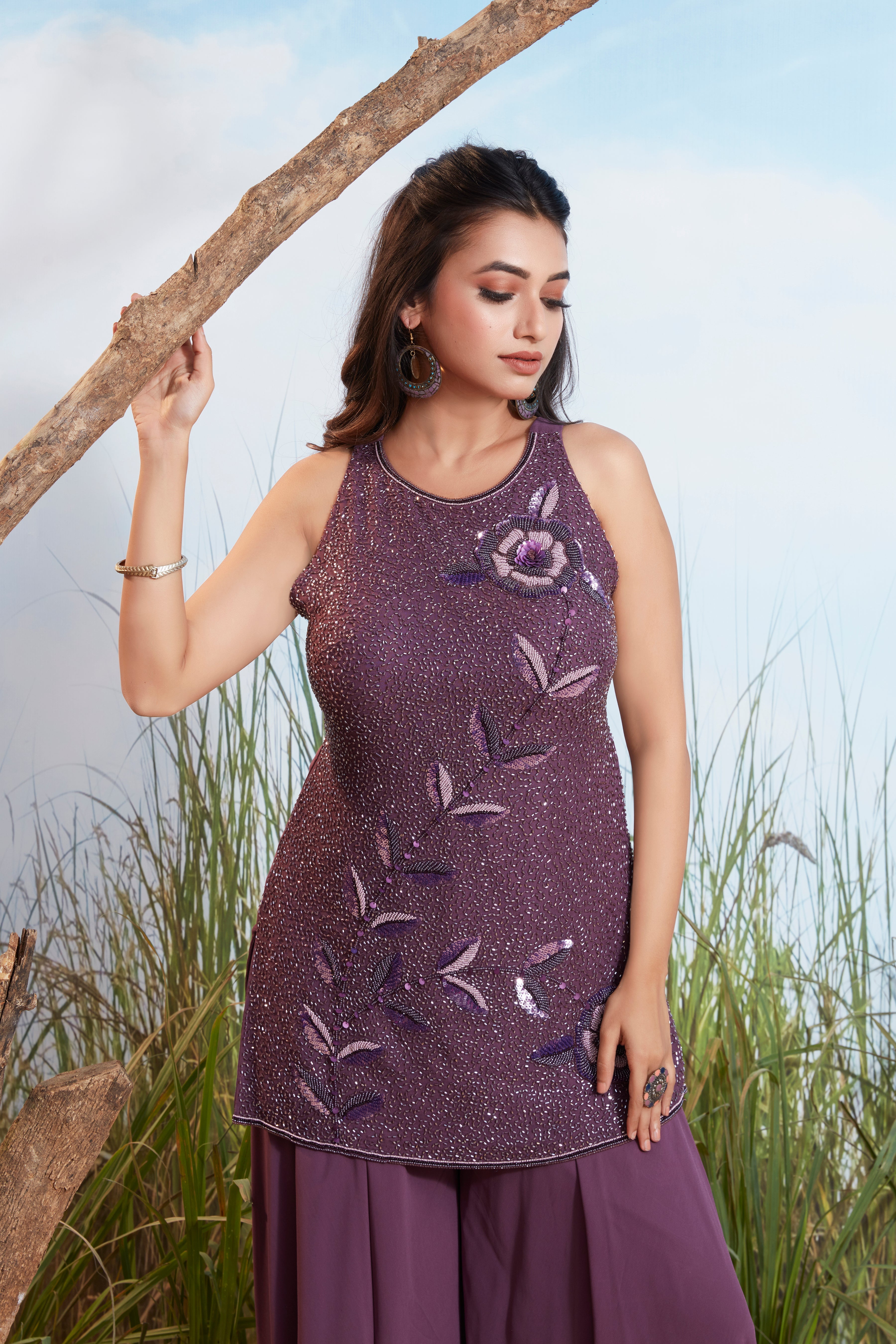 Dusty Purple Embellished Georgette Silk Palazzo Set