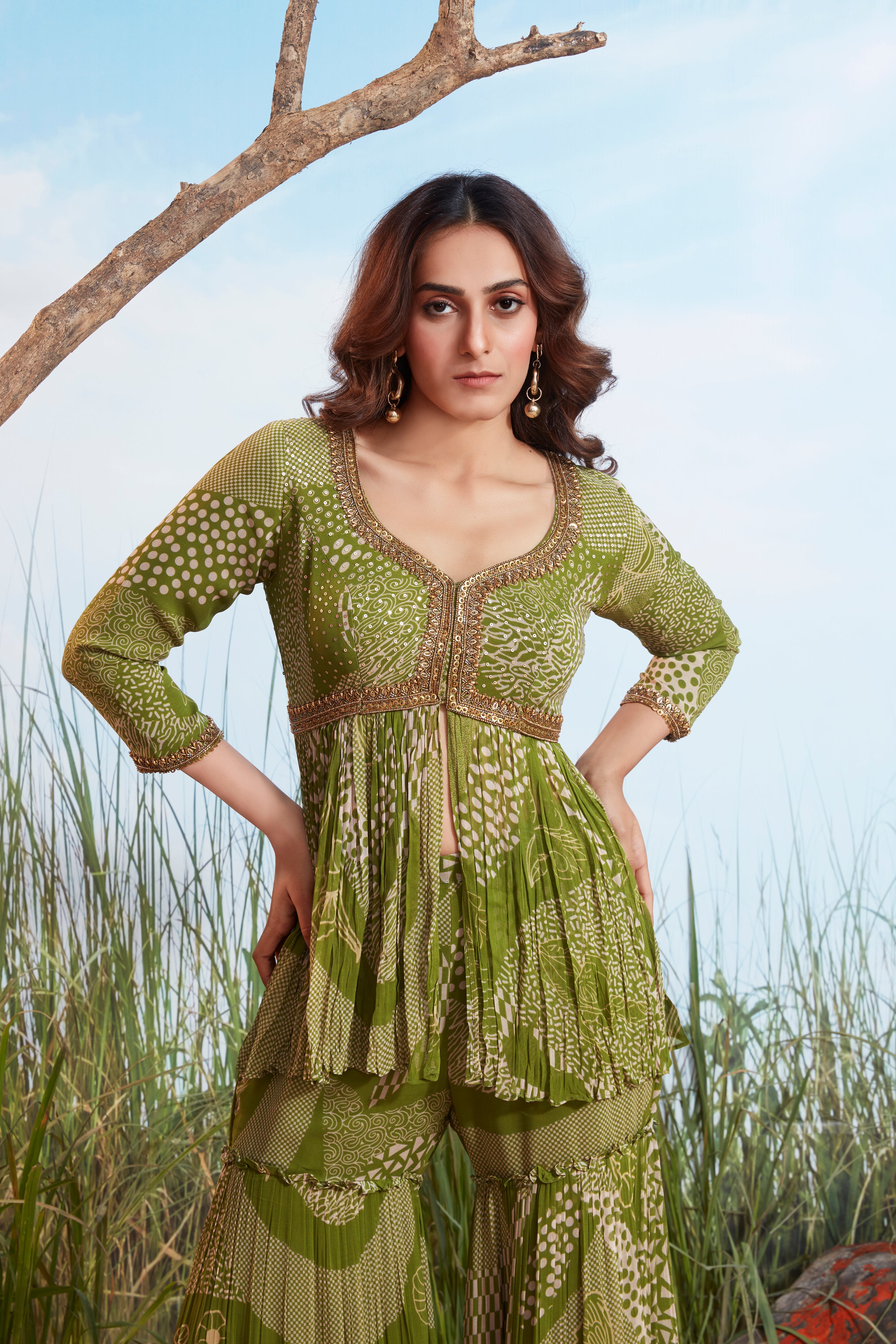 Olive Green Embellished Georgette Silk Sharara Set