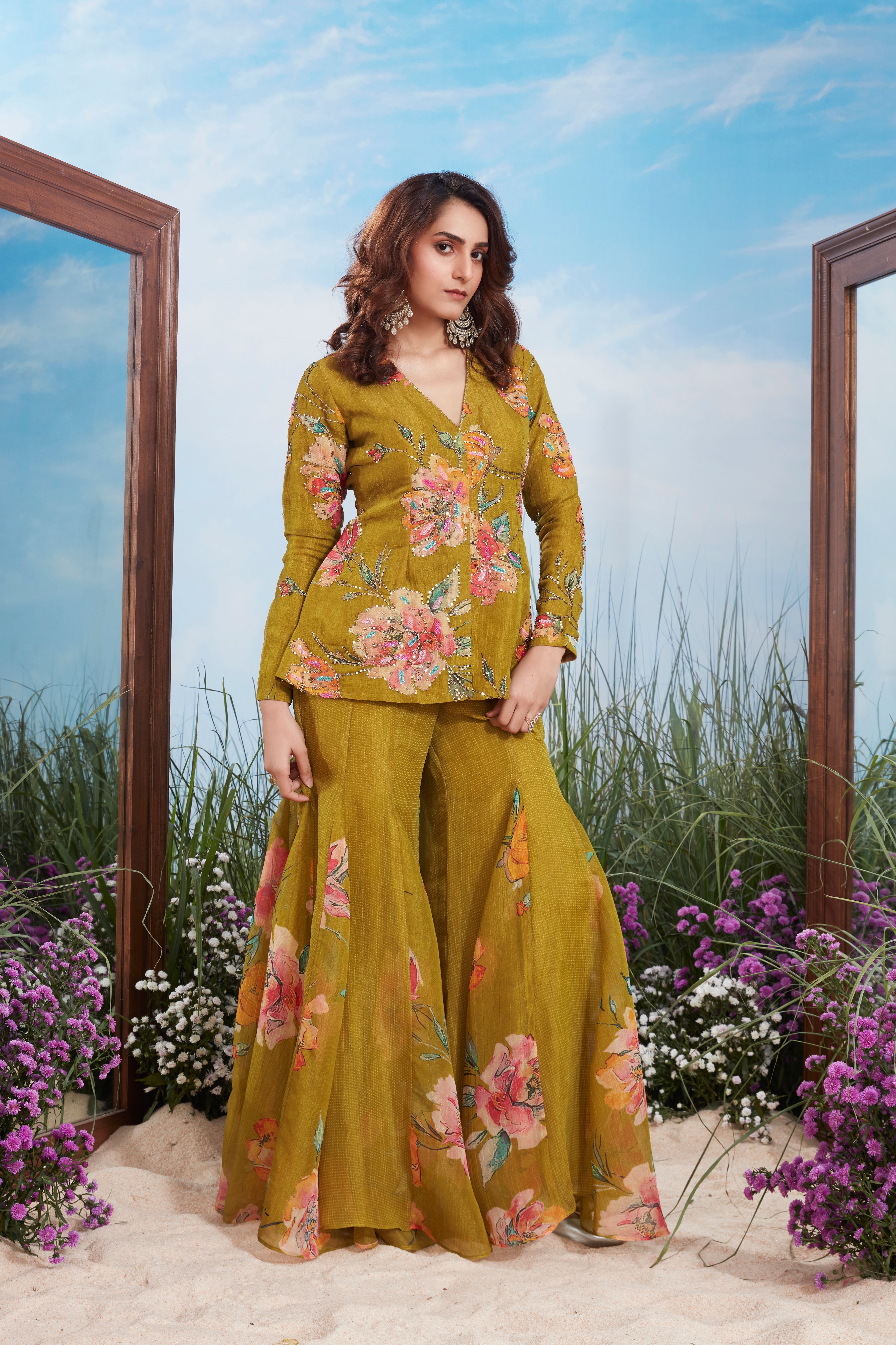 Olive Mustard Embellished Crushed Tissue Silk Sharara Set