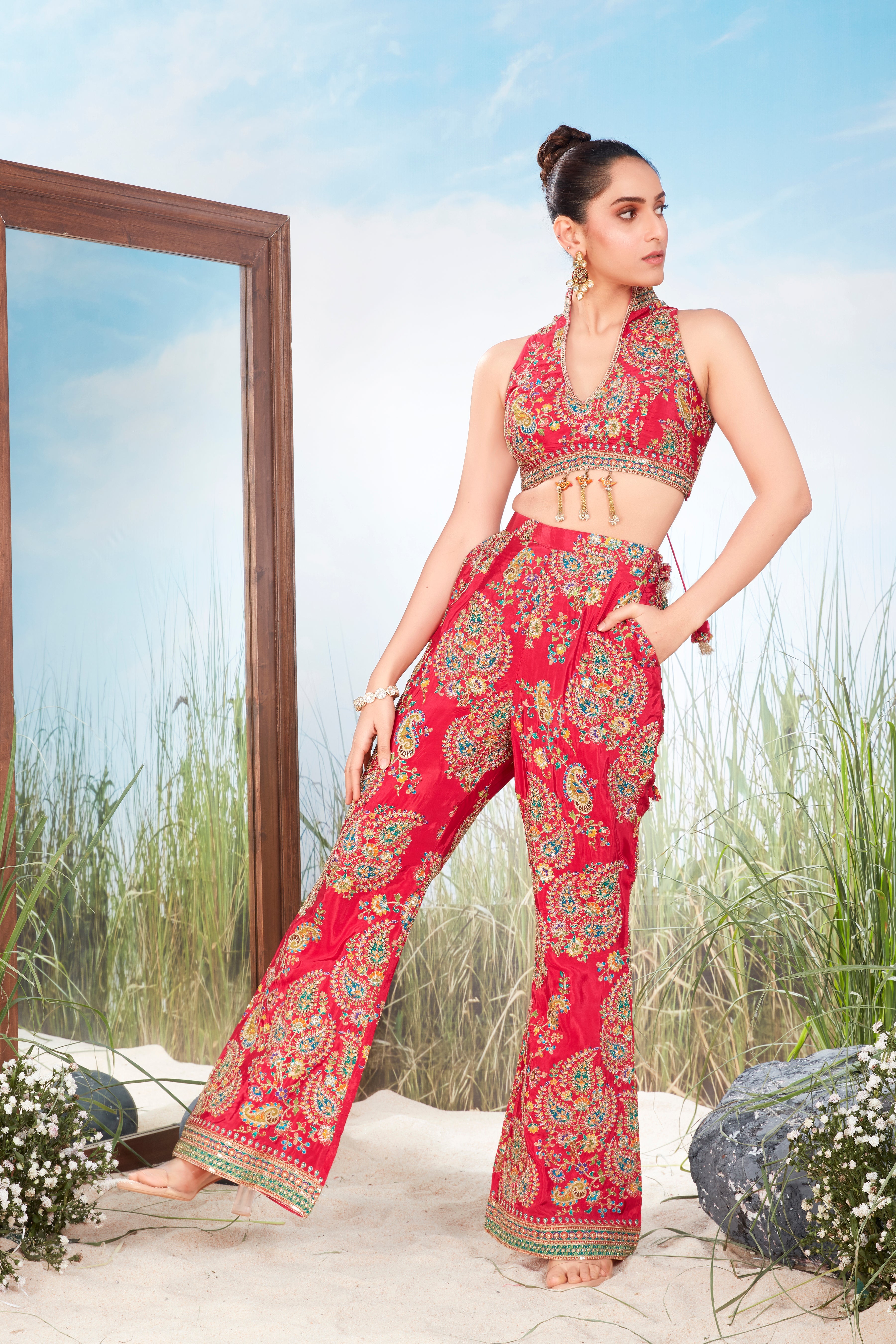 Classic Red Printed Crepe Silk Co-Ord Set