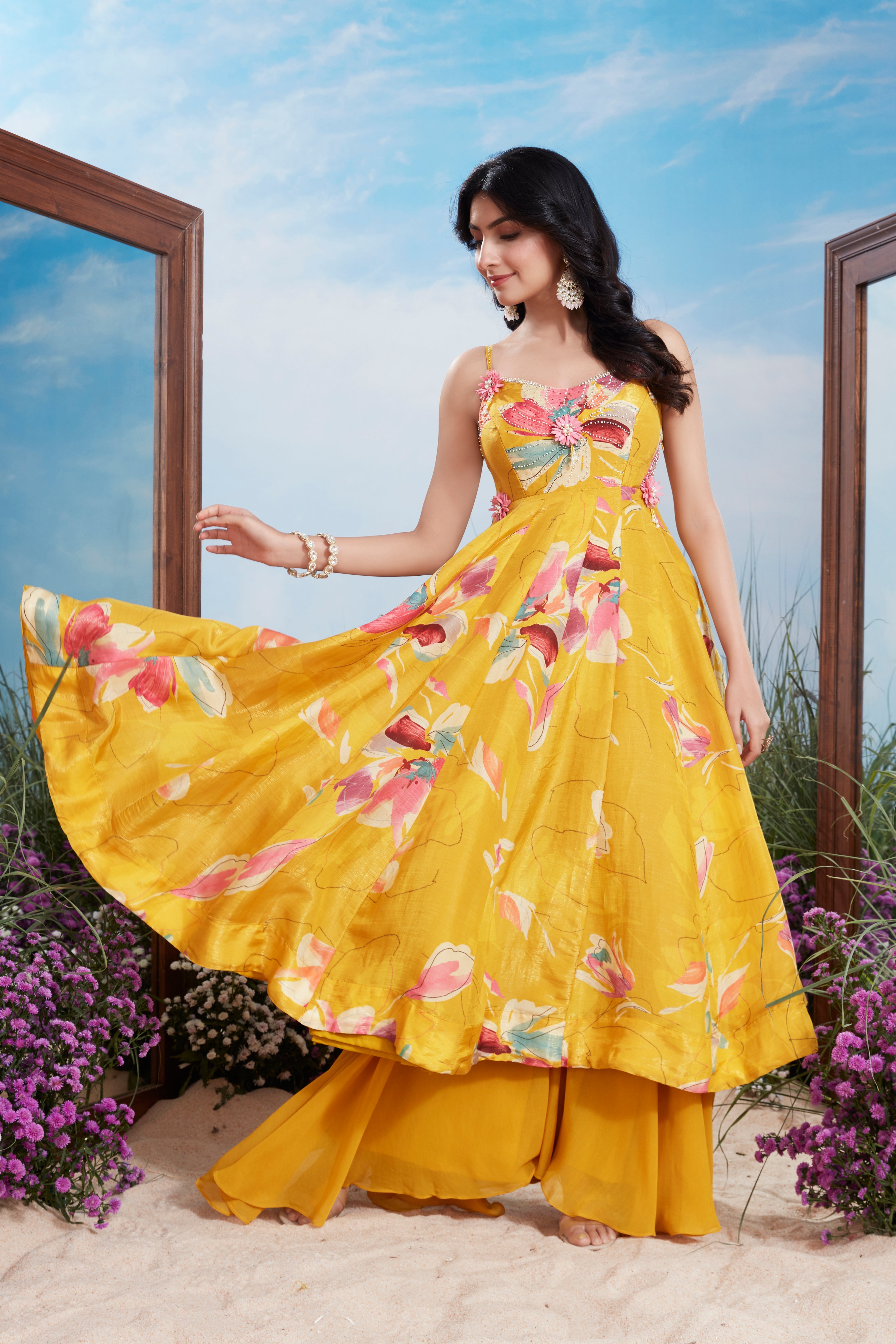 Sunshine Yellow Floral Printed Premium Silk Palazzo Set