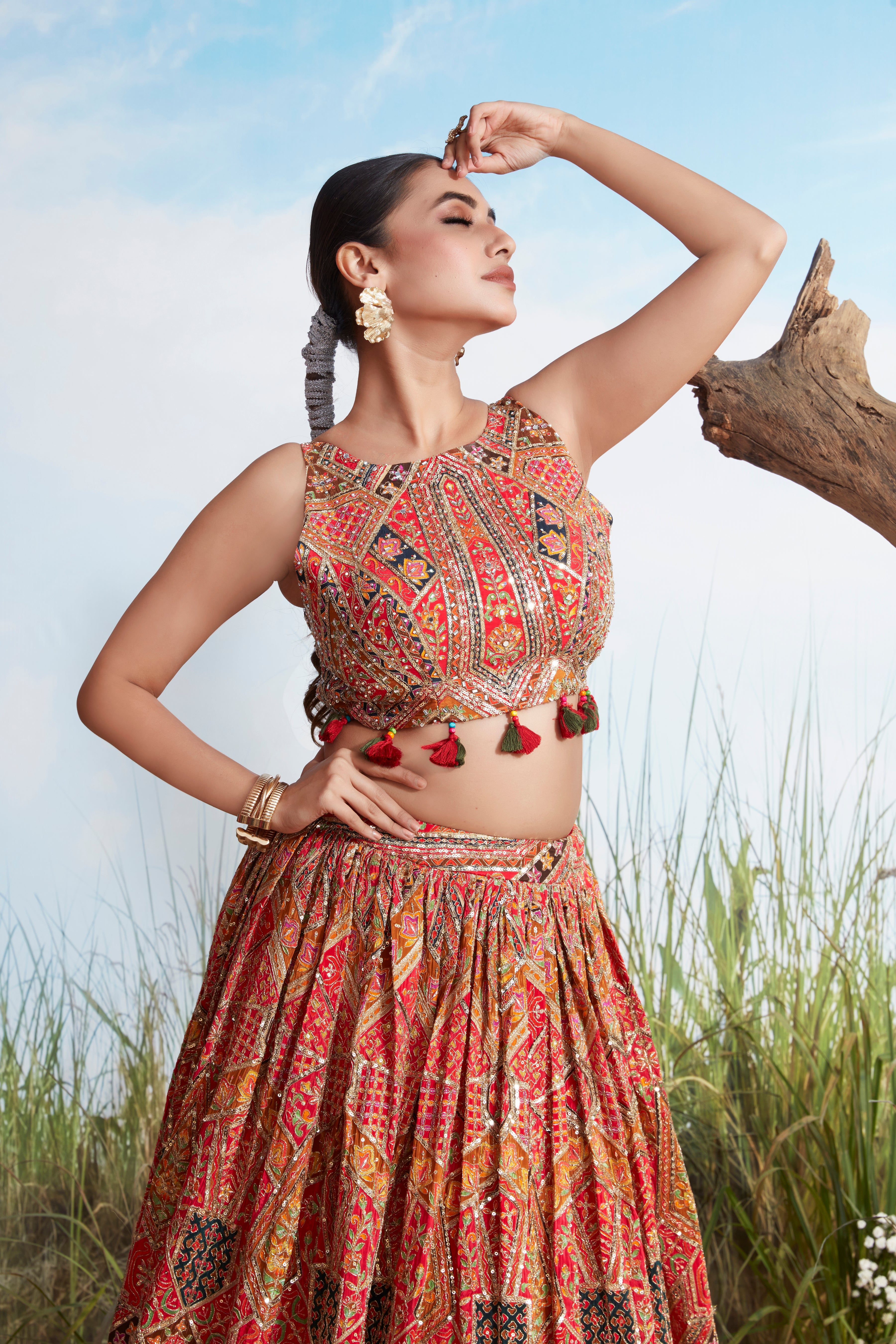 Festive Red Printed Crepe Silk Lehenga Set