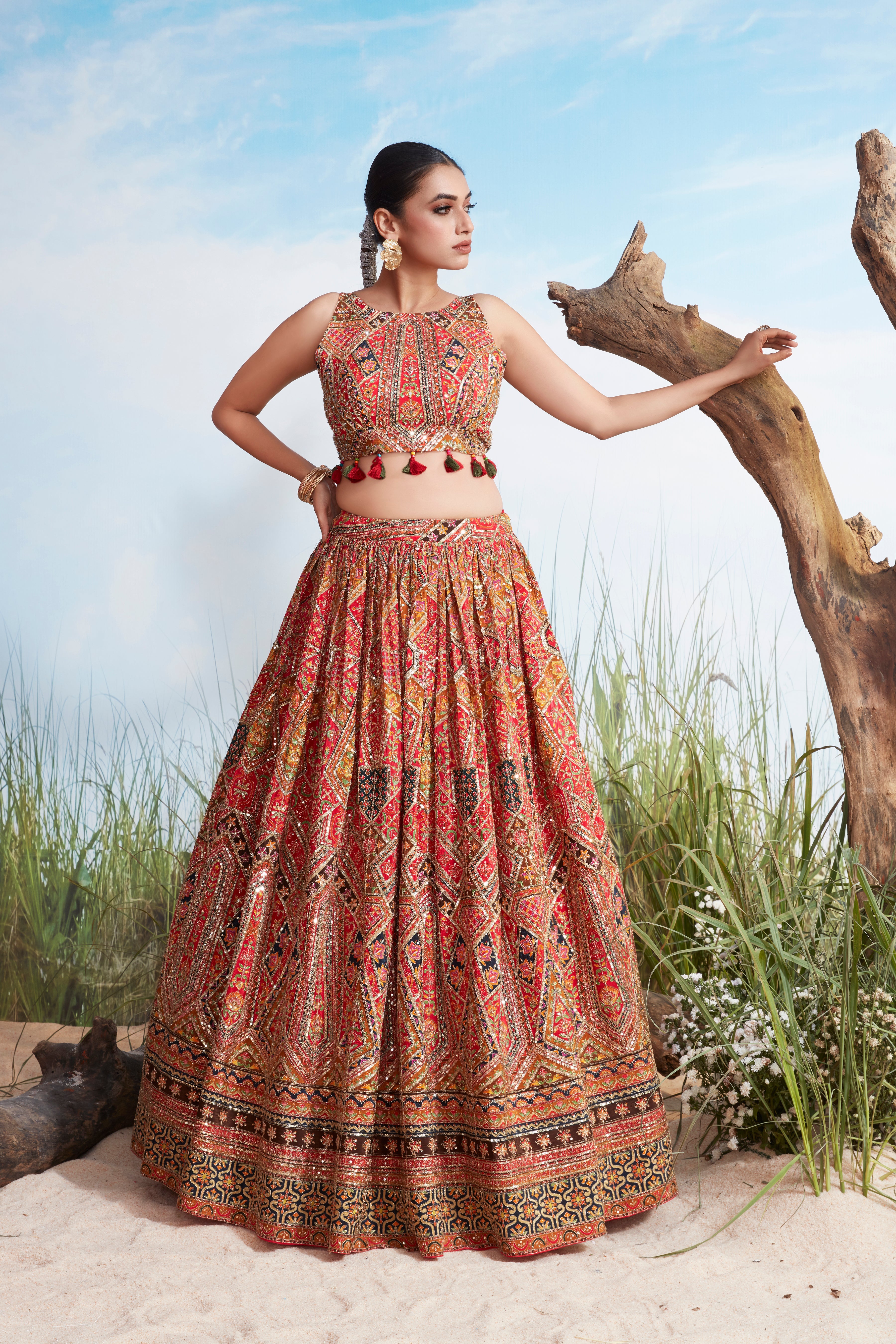Festive Red Printed Crepe Silk Lehenga Set