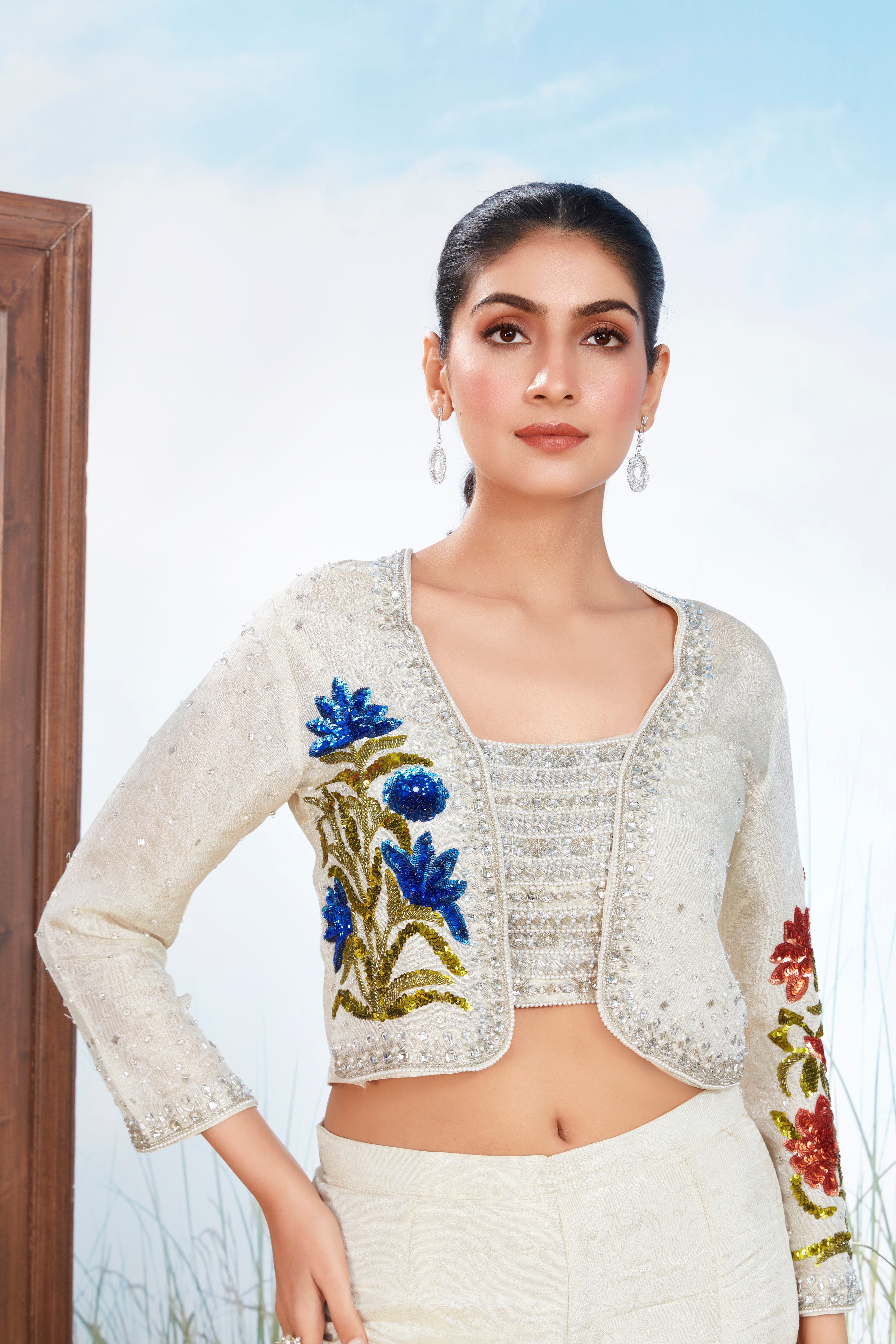 Off White Embellished Crepe Silk Jacket Set