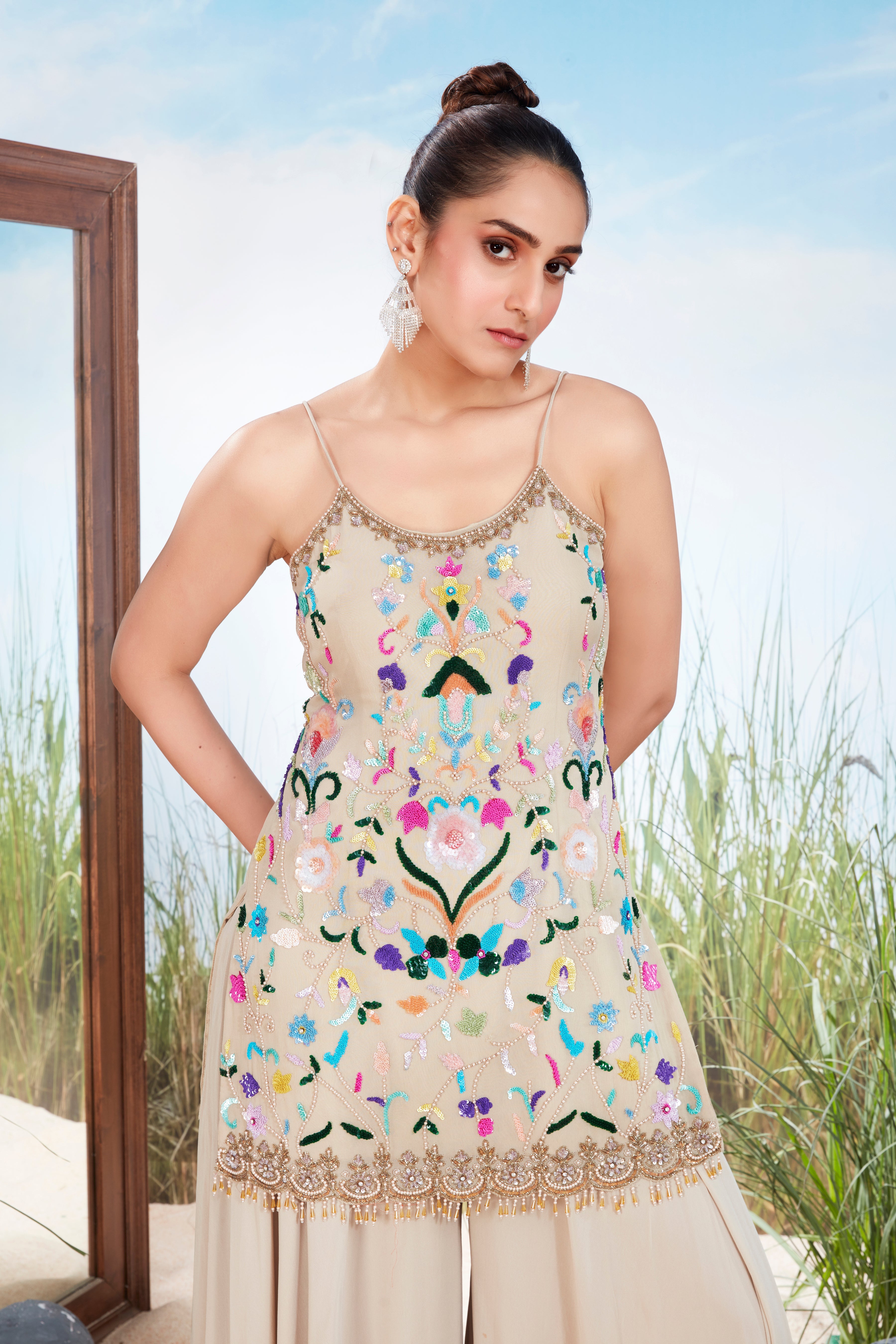 Nude Beige Embellished Georgette Silk Palazzo Set