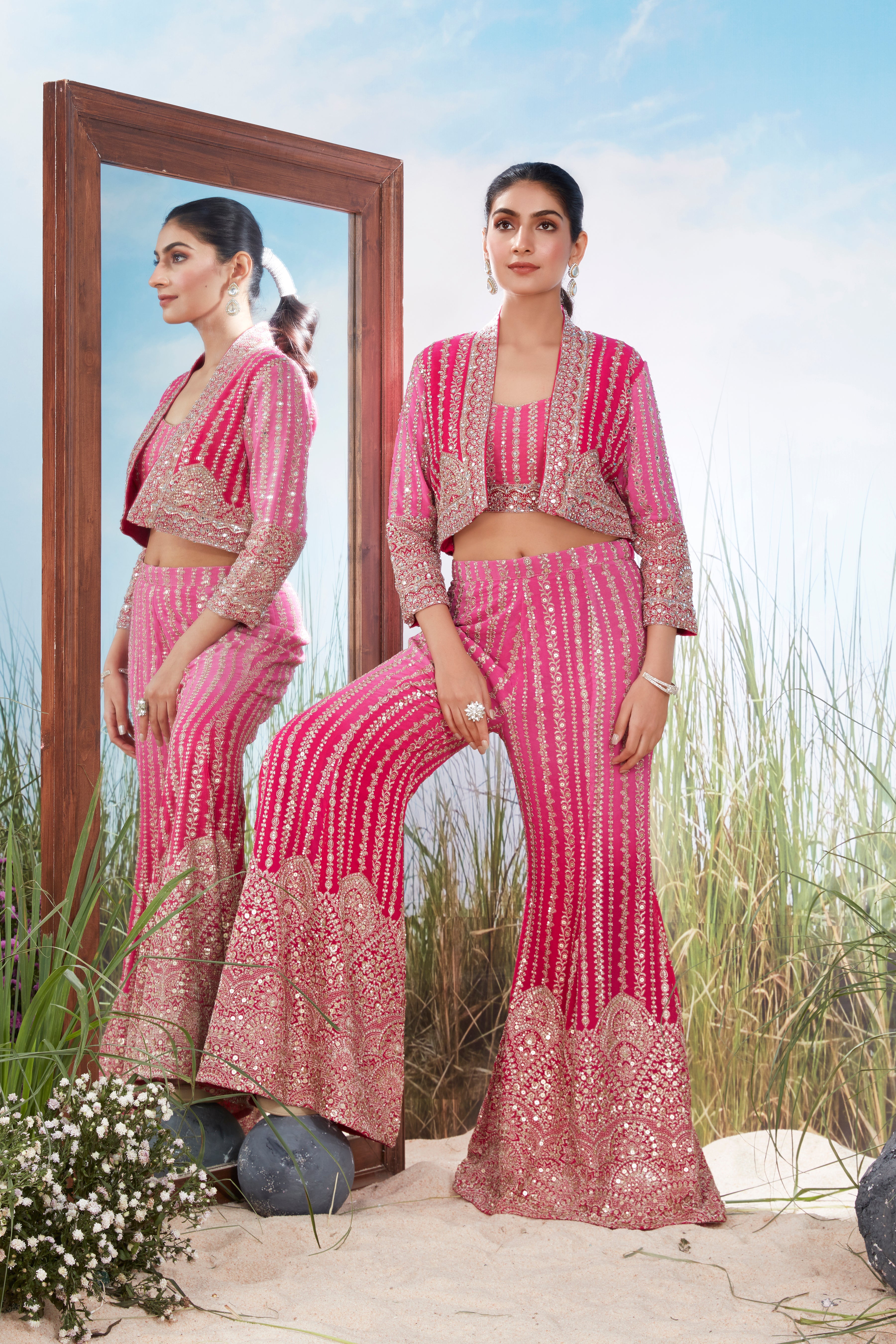 Hot Pink Embellished Georgette Silk Jacket Set