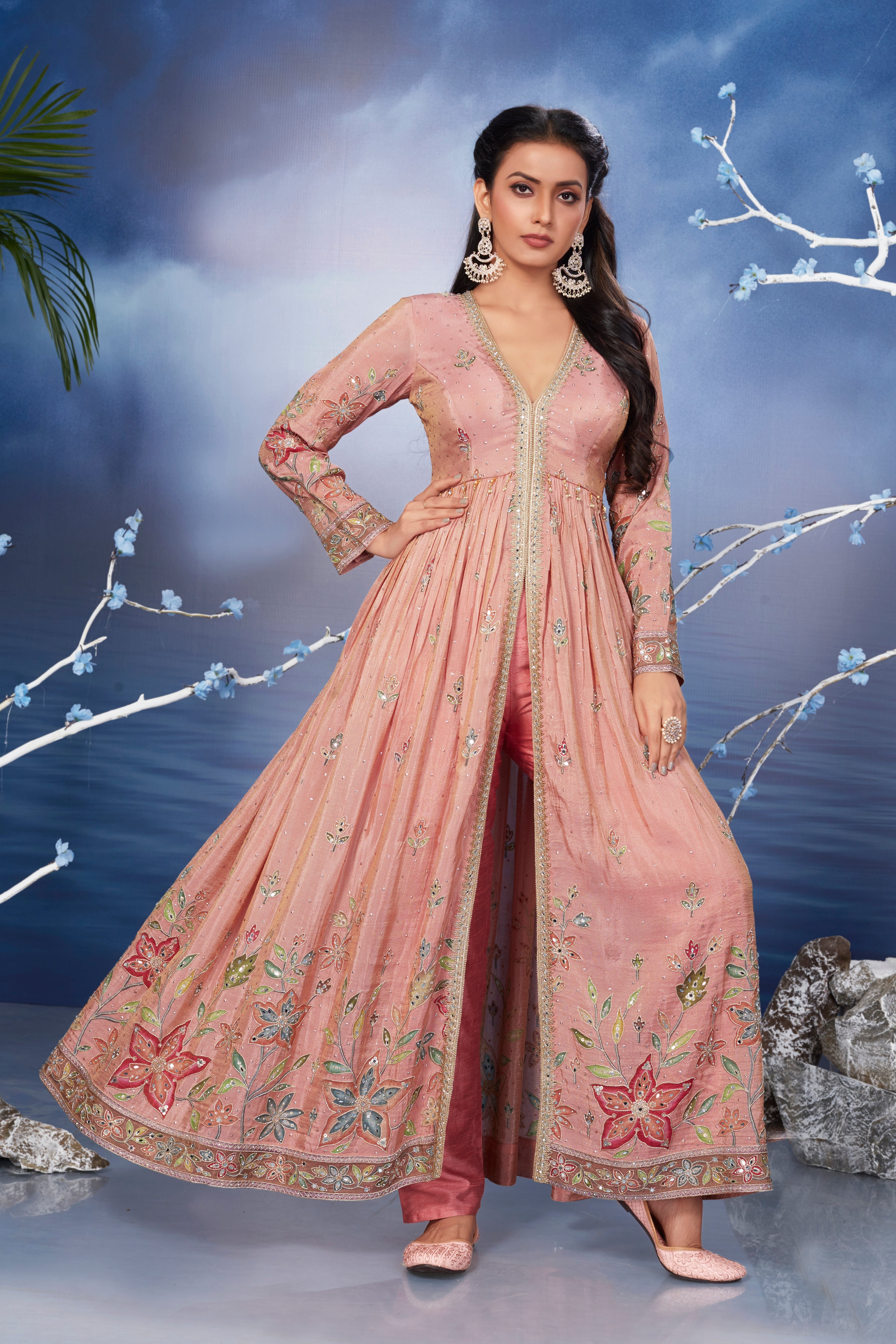 Peach Pink Floral Embroidered Italian Silk Anarkali Set