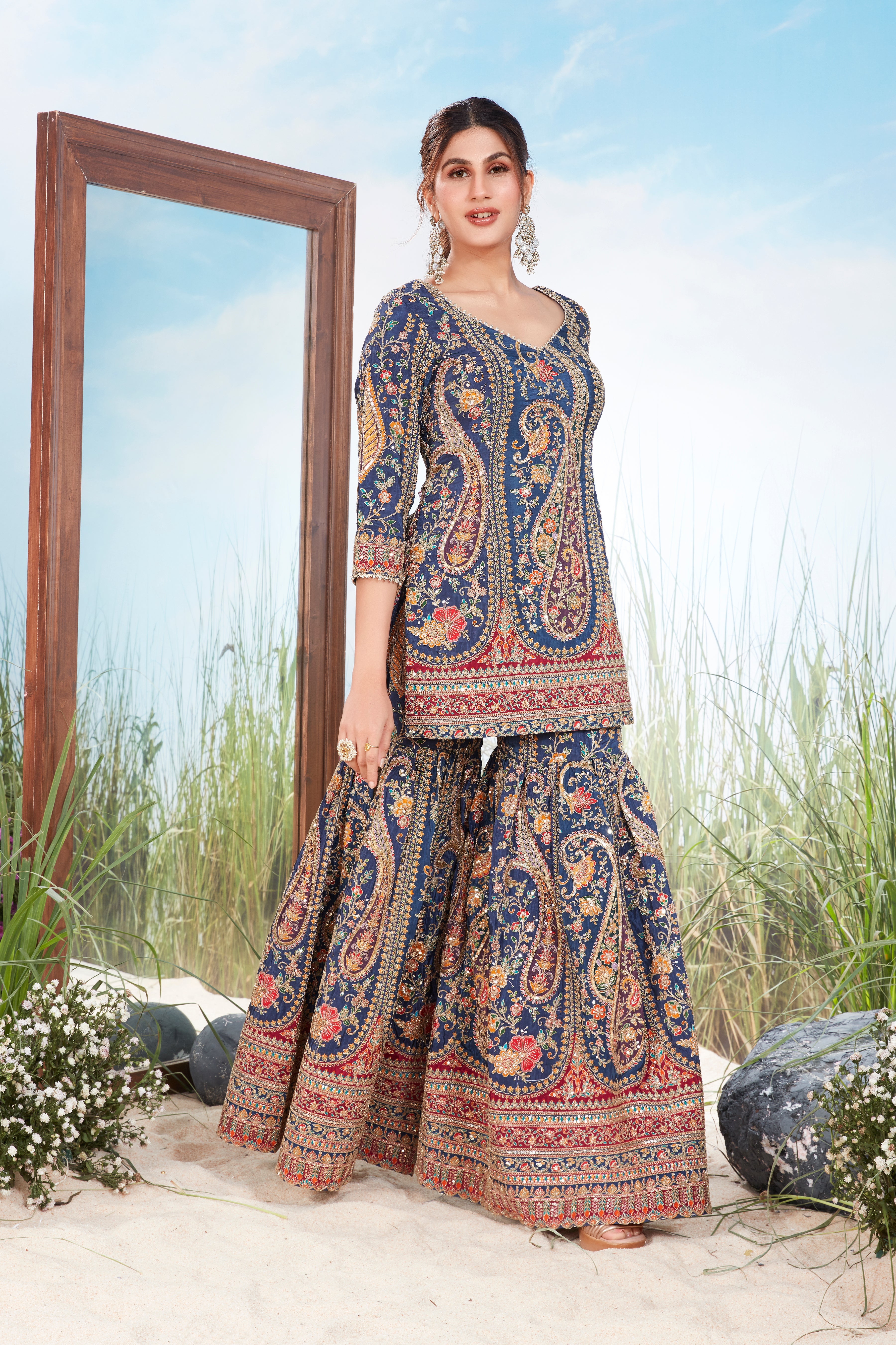 Deep Indigo Blue Embellished Raw Silk Sharara Set