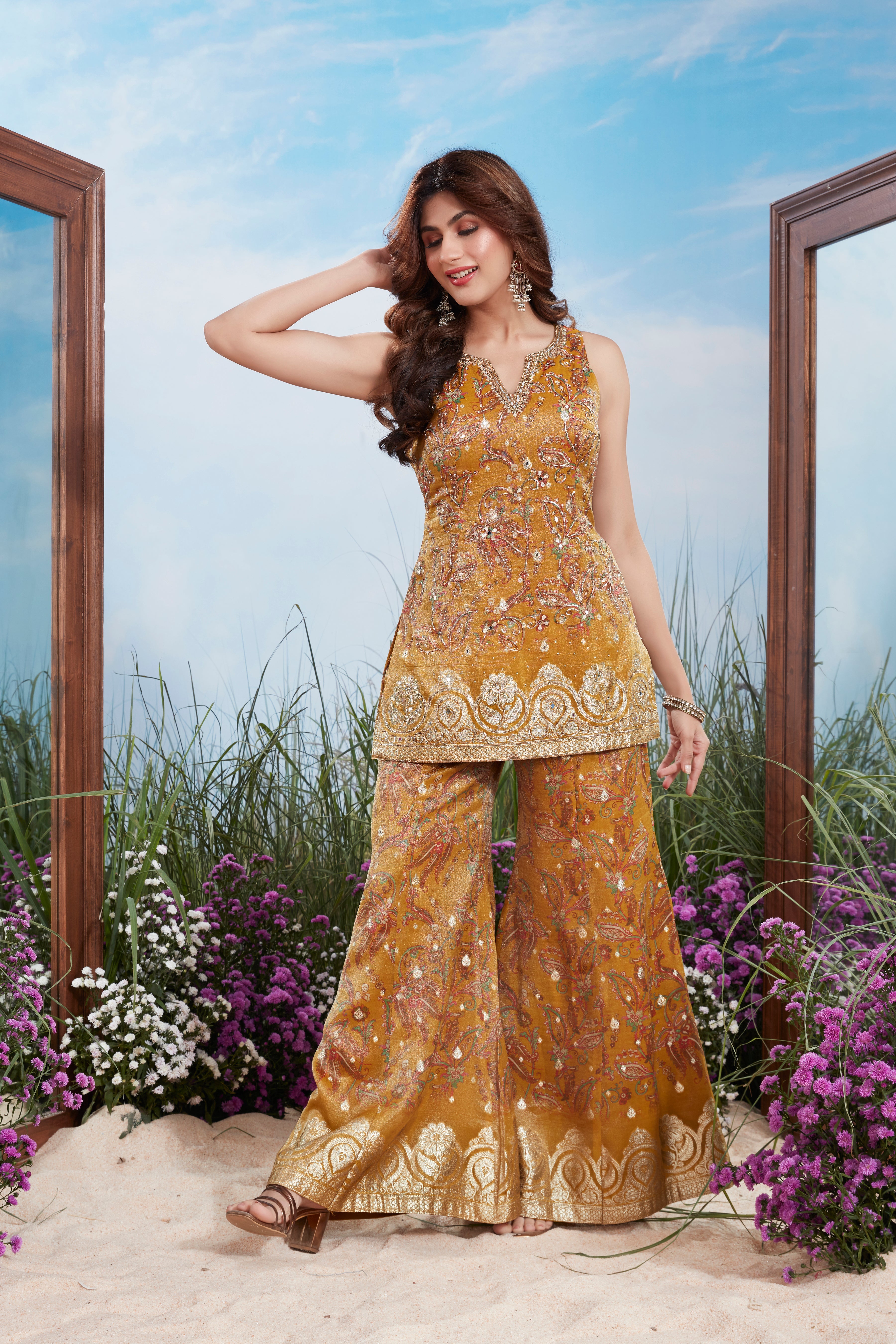 Amber Gold Embellished Shimmer Tissue Silk Palazzo Set