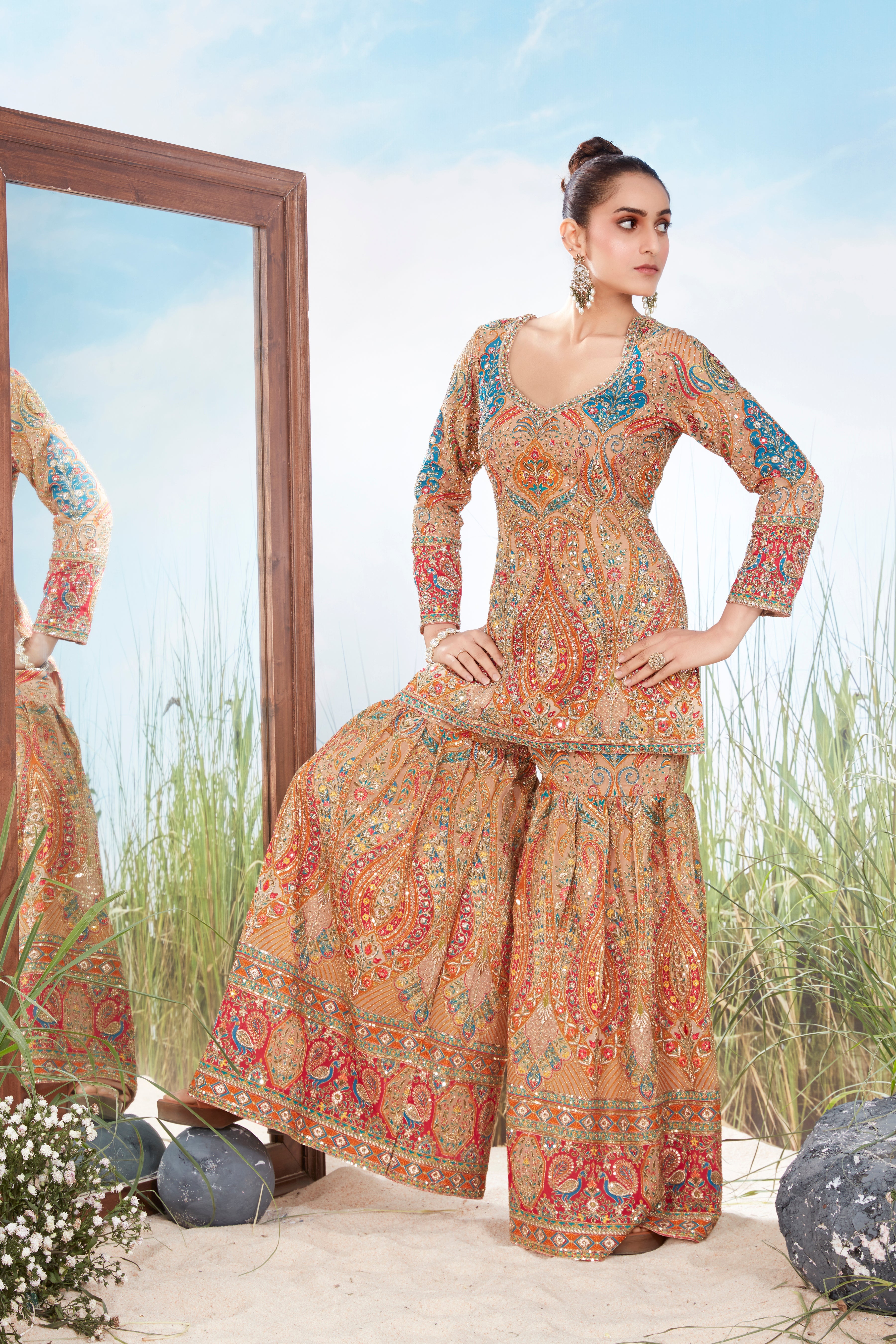 Sandy Tan Embellished Georgette Silk Sharara Set