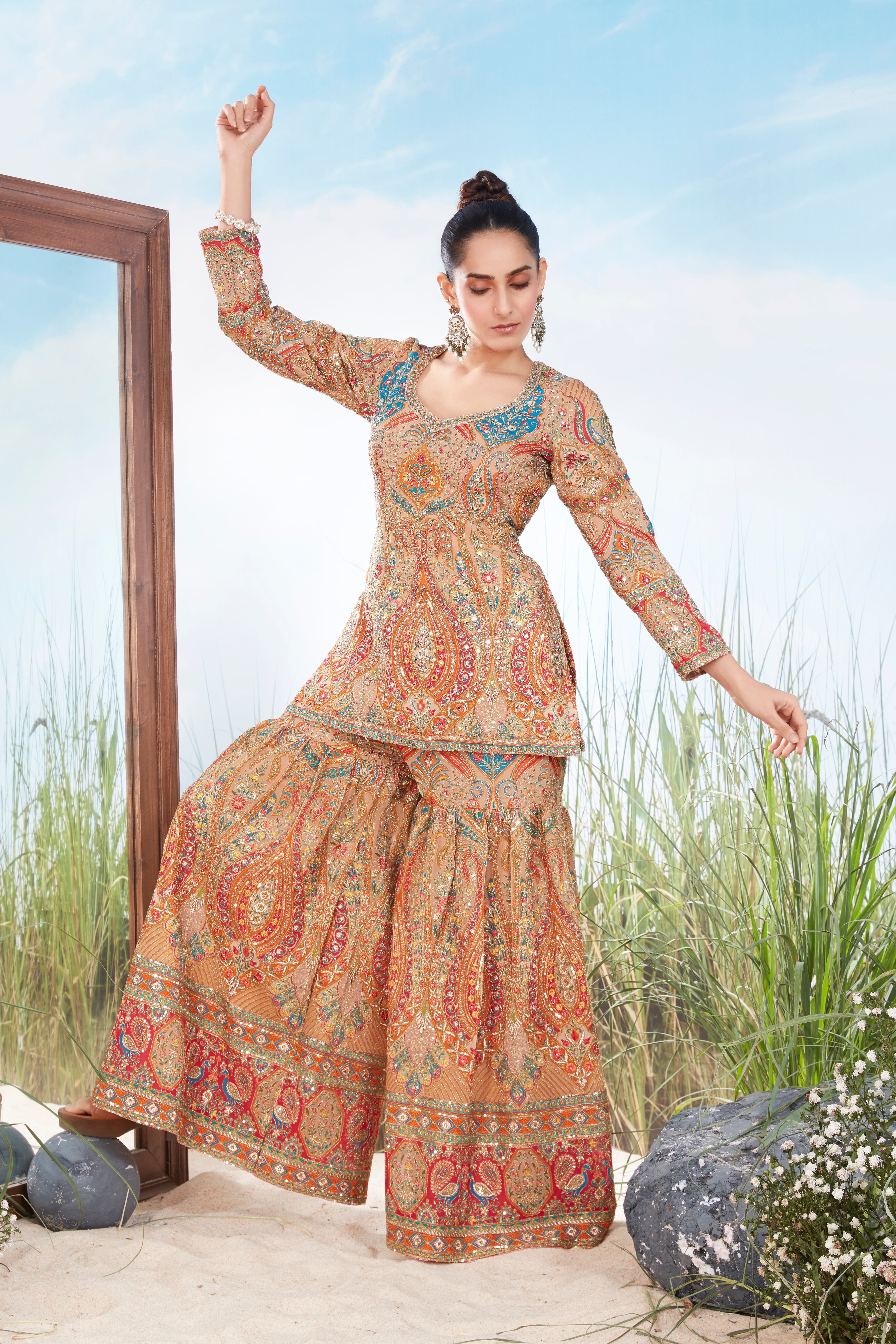 Sandy Tan Embellished Georgette Silk Sharara Set