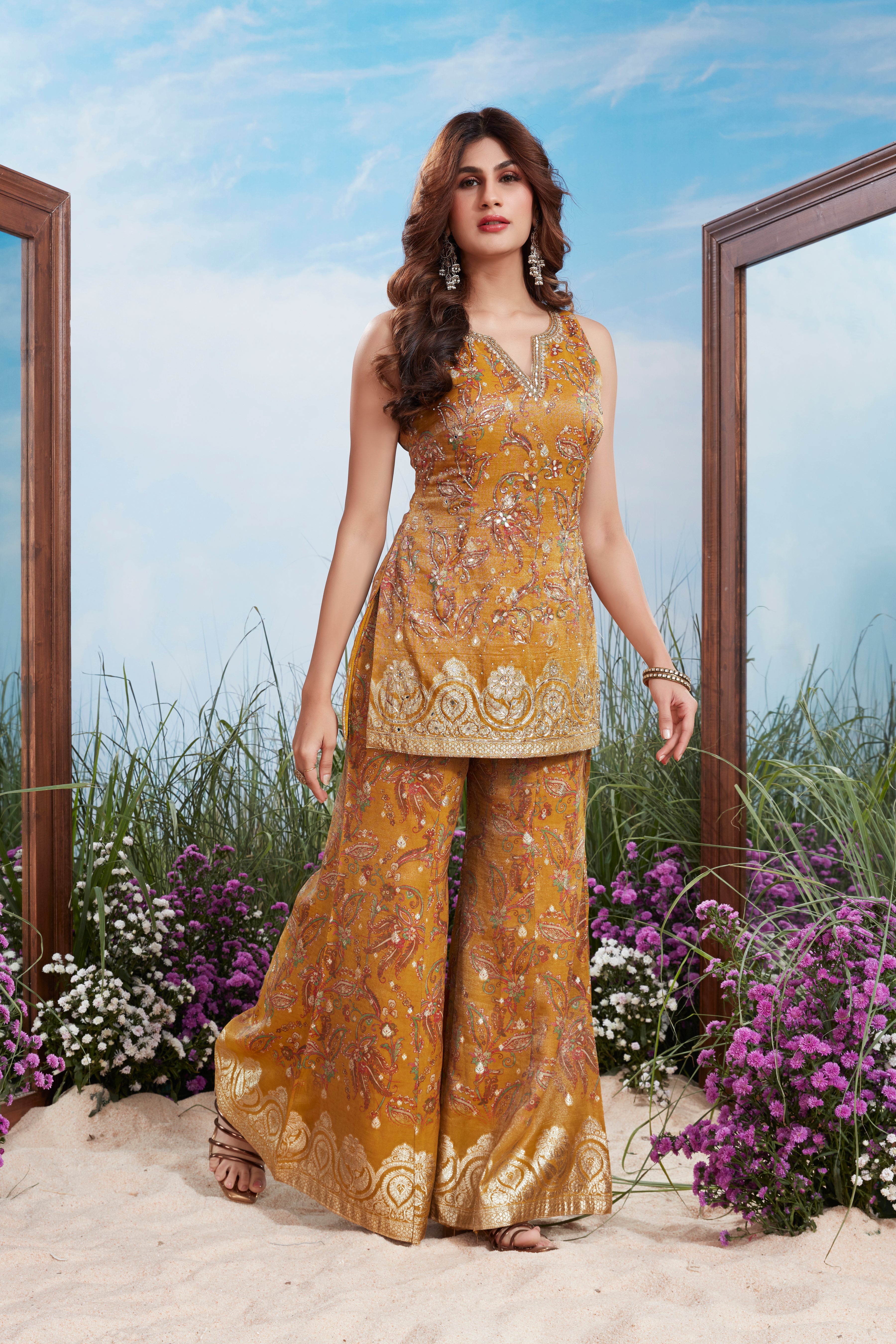 Amber Gold Embellished Shimmer Tissue Silk Palazzo Set