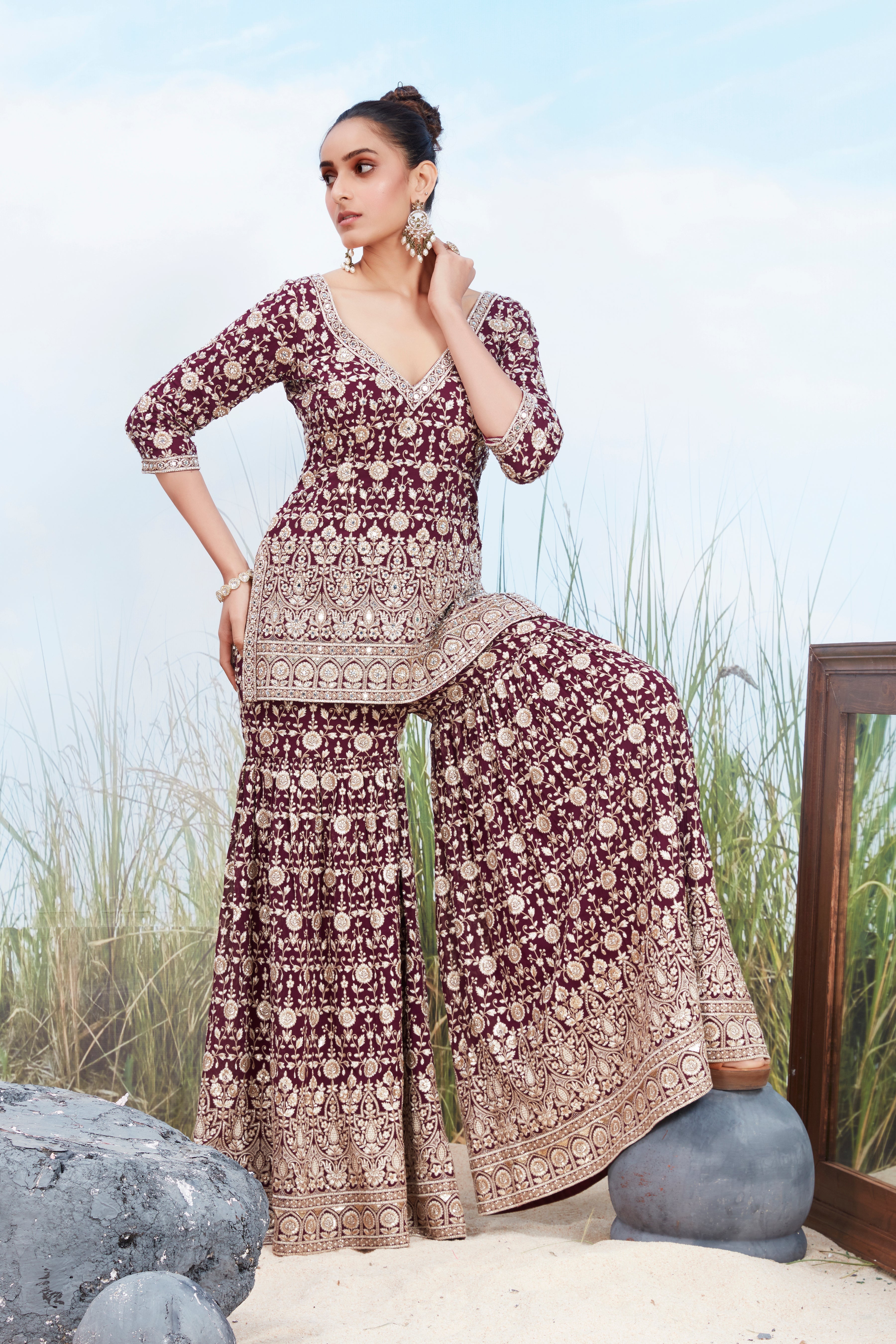 Burgundy Embellished Georgette Silk Sharara Set