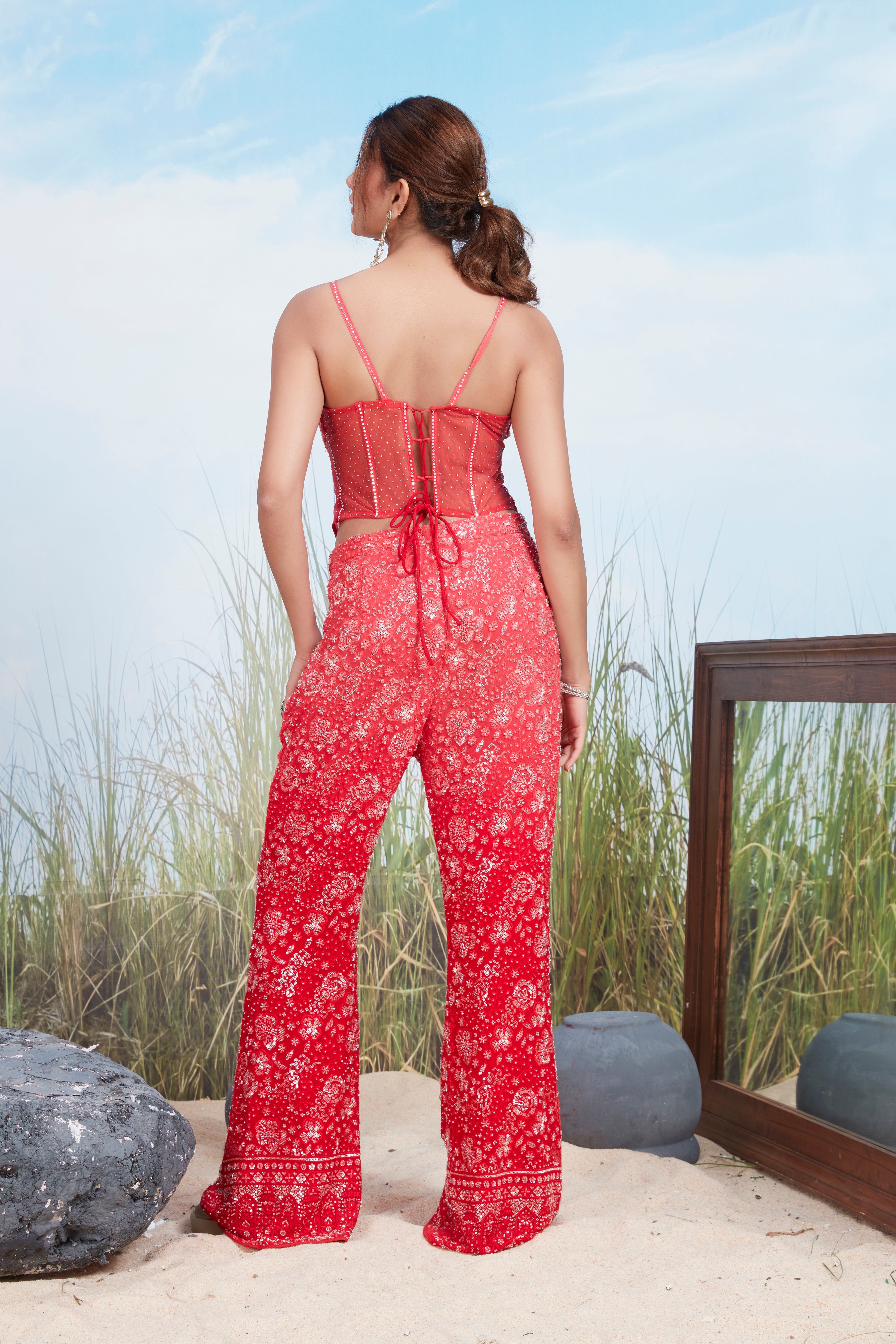 Coral Red Embellished Georgette Silk Co-Ord Set