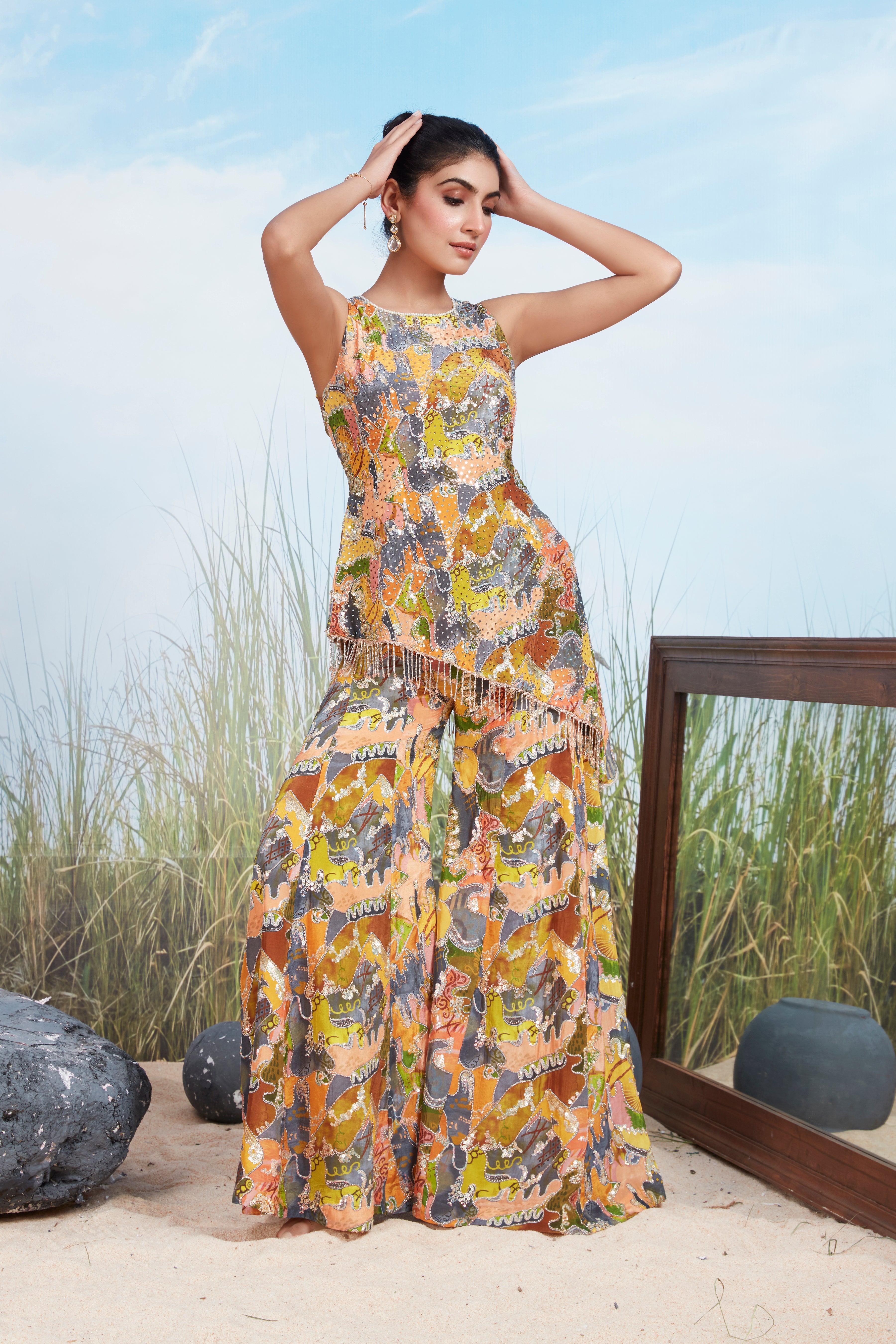 Artistic Multi-Print Muslin Silk Co-Ord Set