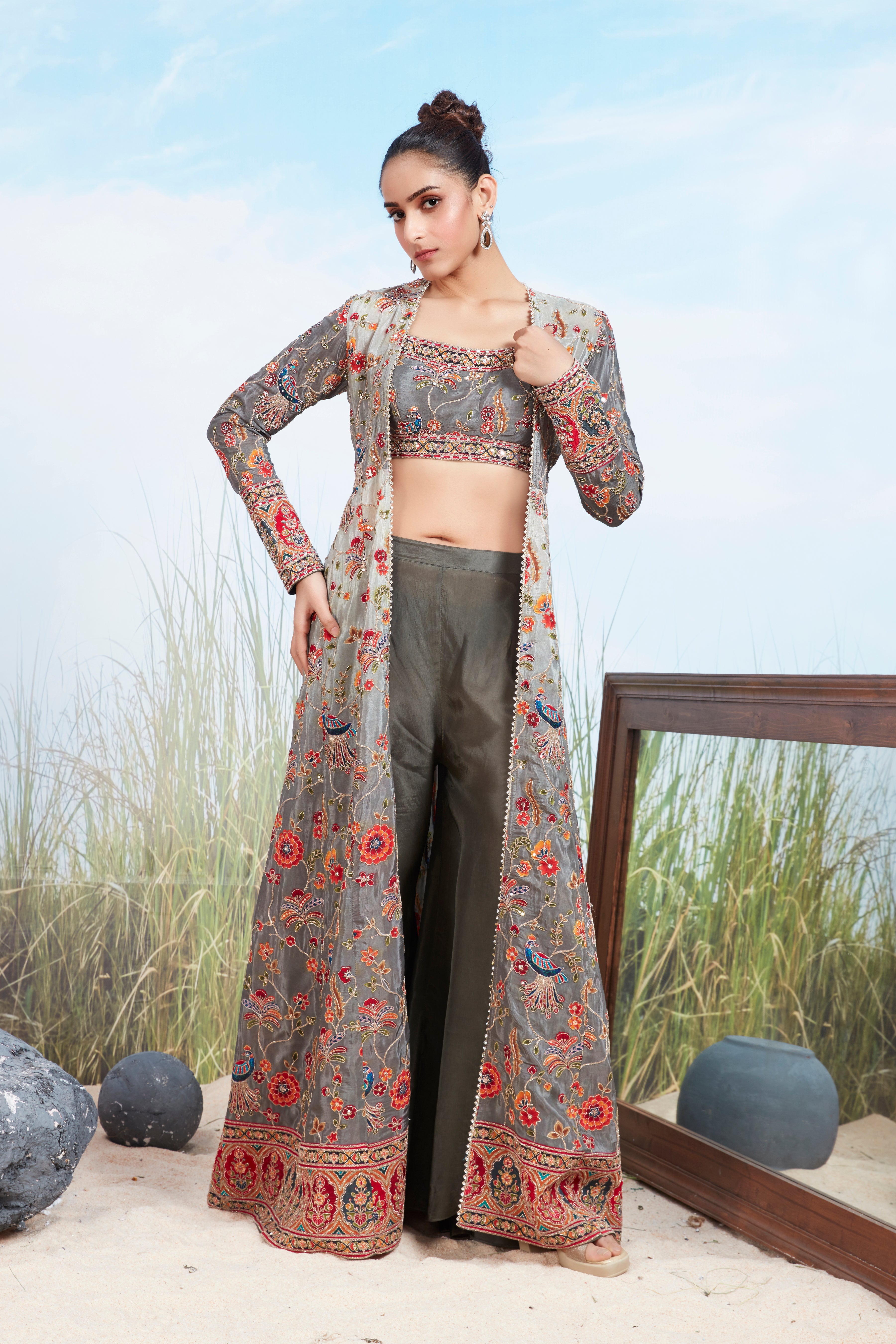 Dusty Grey Embellished Shimmer Tissue Silk Cape Set