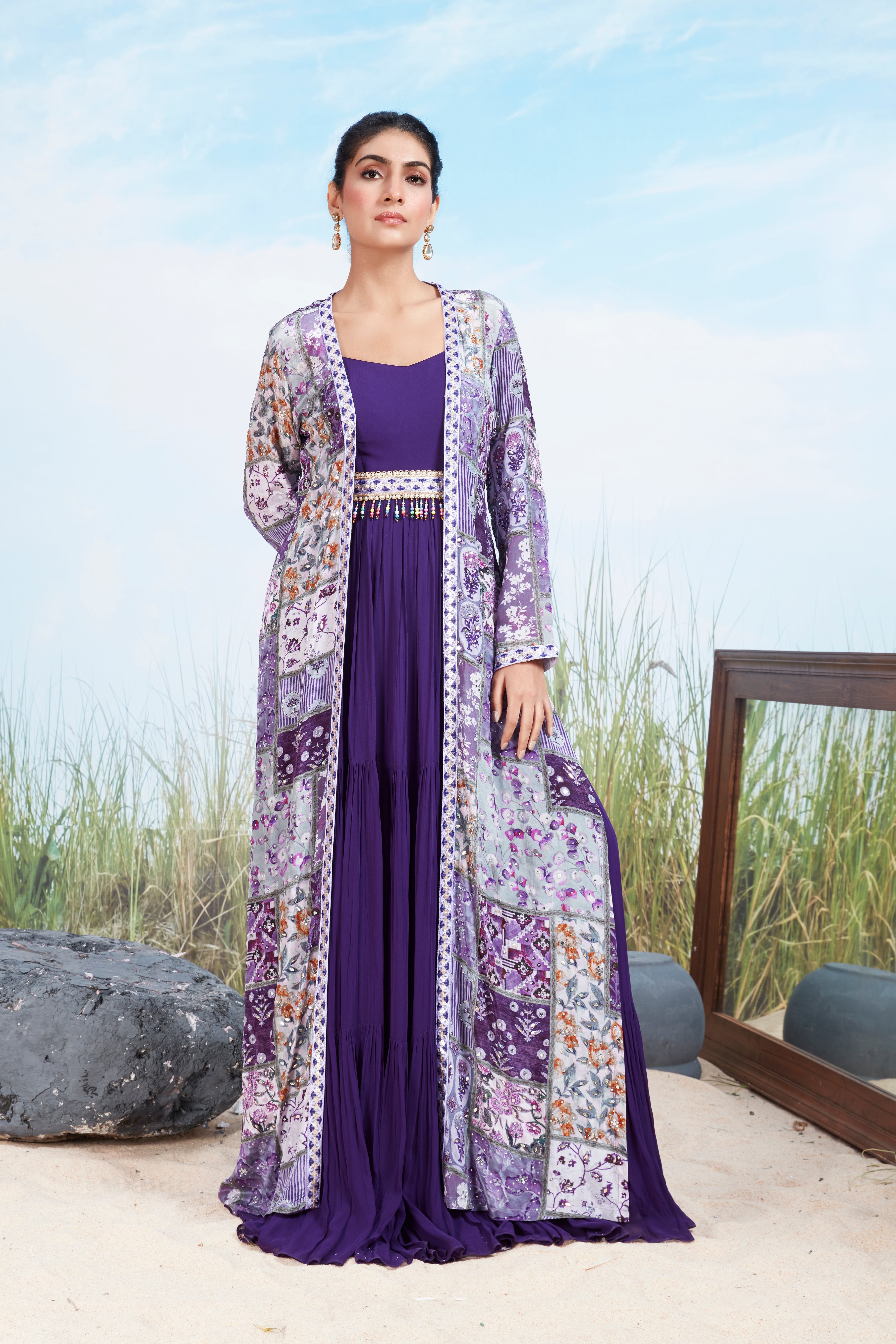 Plum Purple Printed Georgette Silk Gown Set