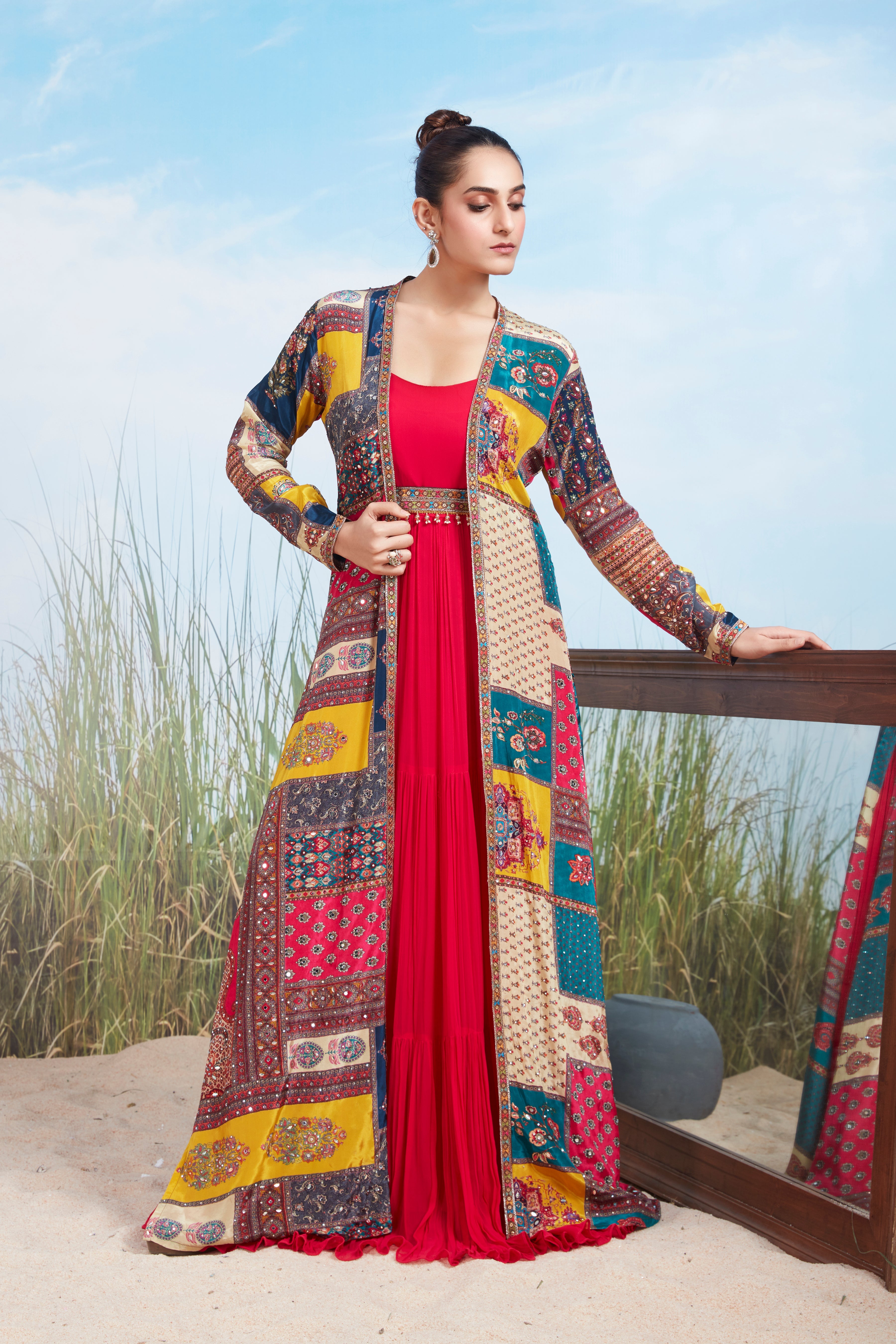 Crimson Red Printed Georgette Silk Gown Set