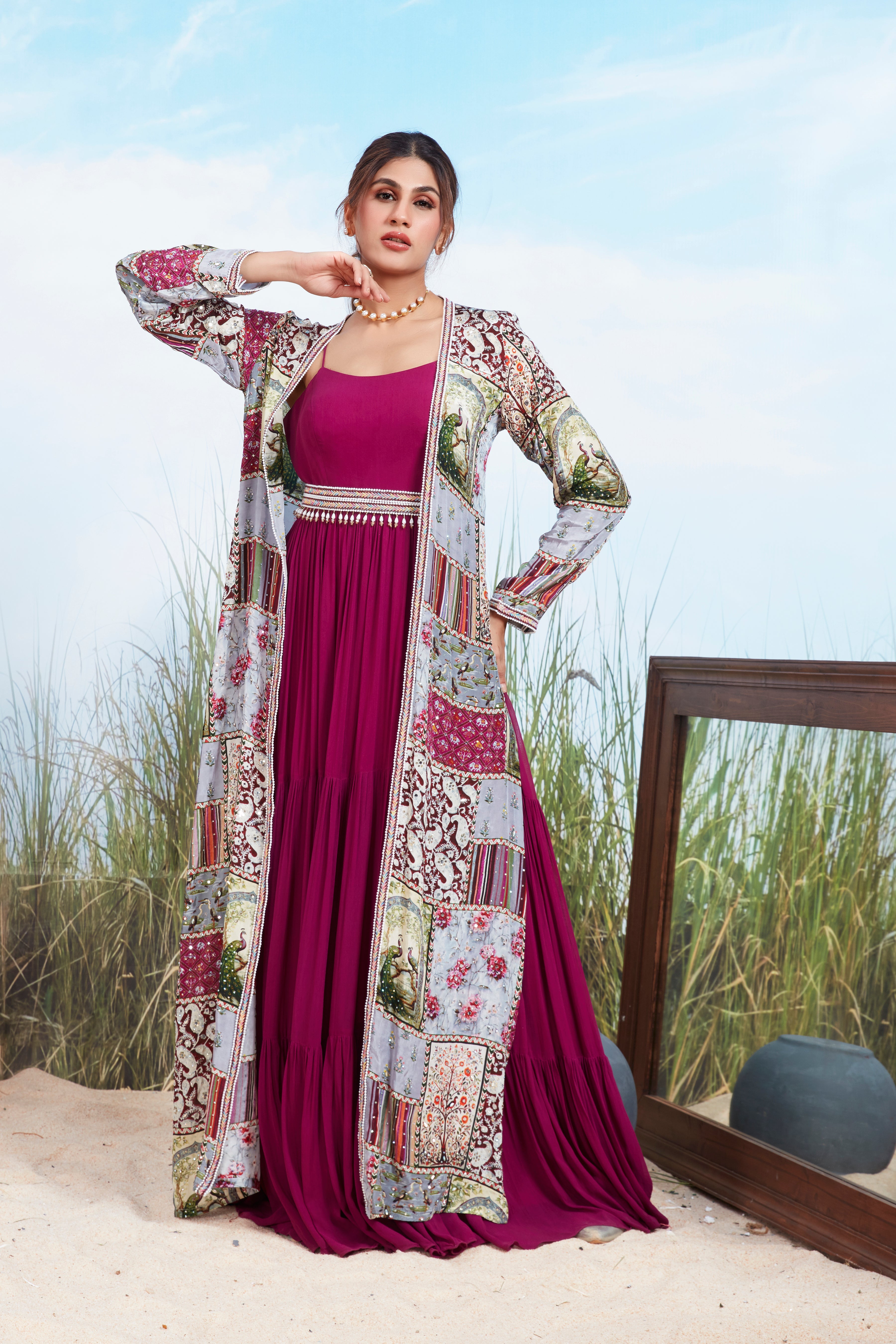 Fuchsia Pink Printed Georgette Silk Gown Set