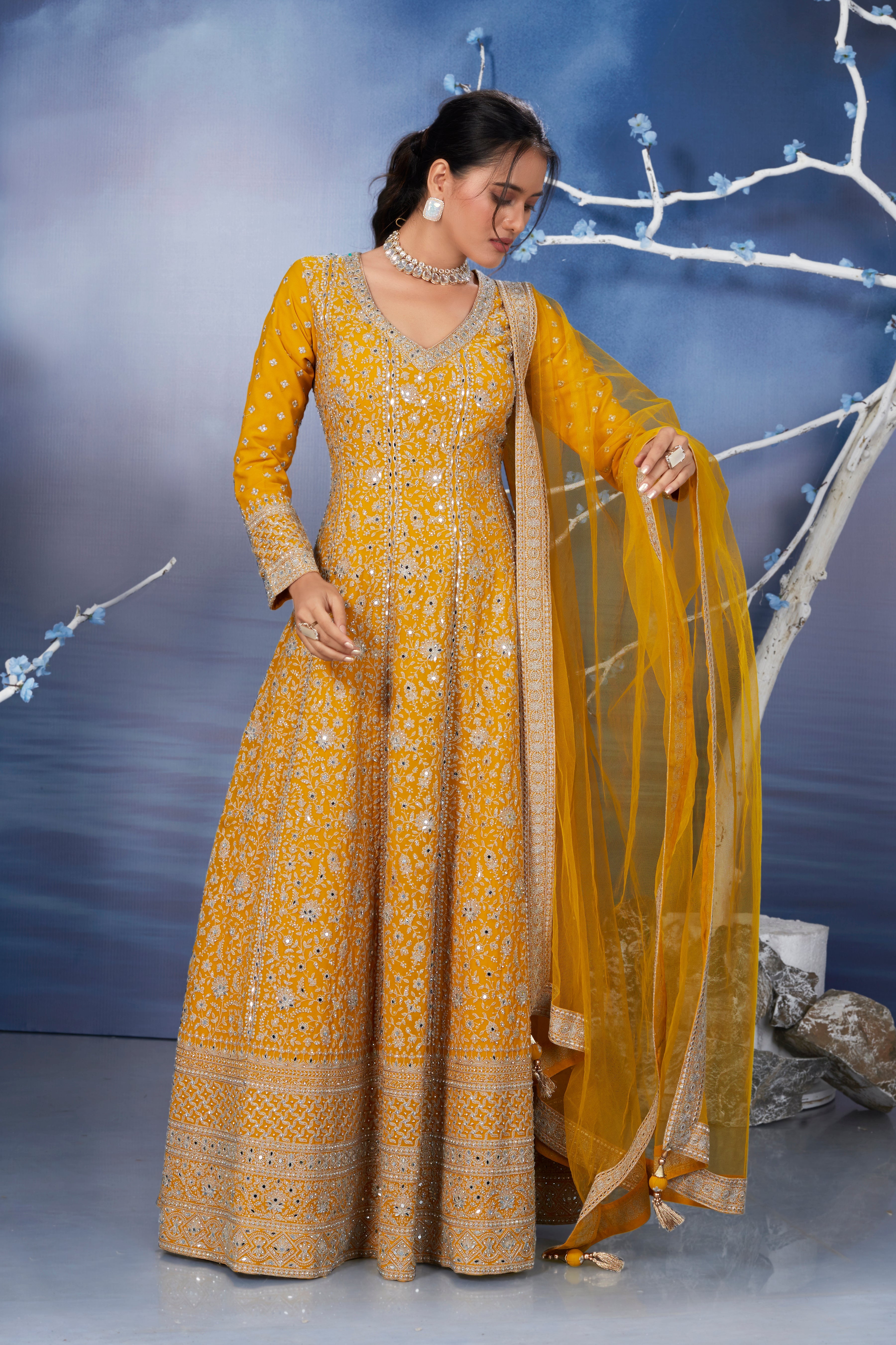 Mustard Yellow Mirror Embellished Italian Silk Gown