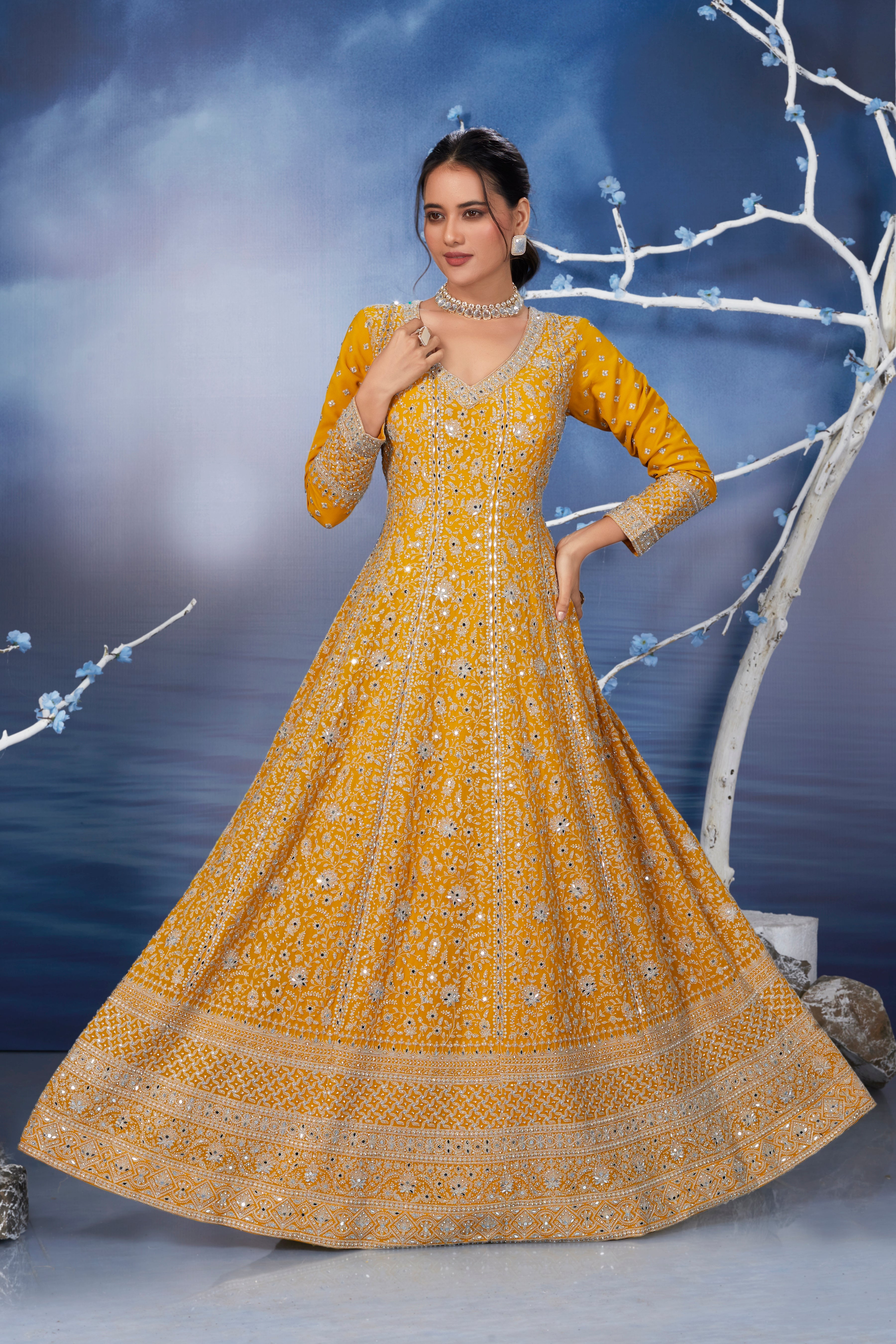 Mustard Yellow Mirror Embellished Italian Silk Gown