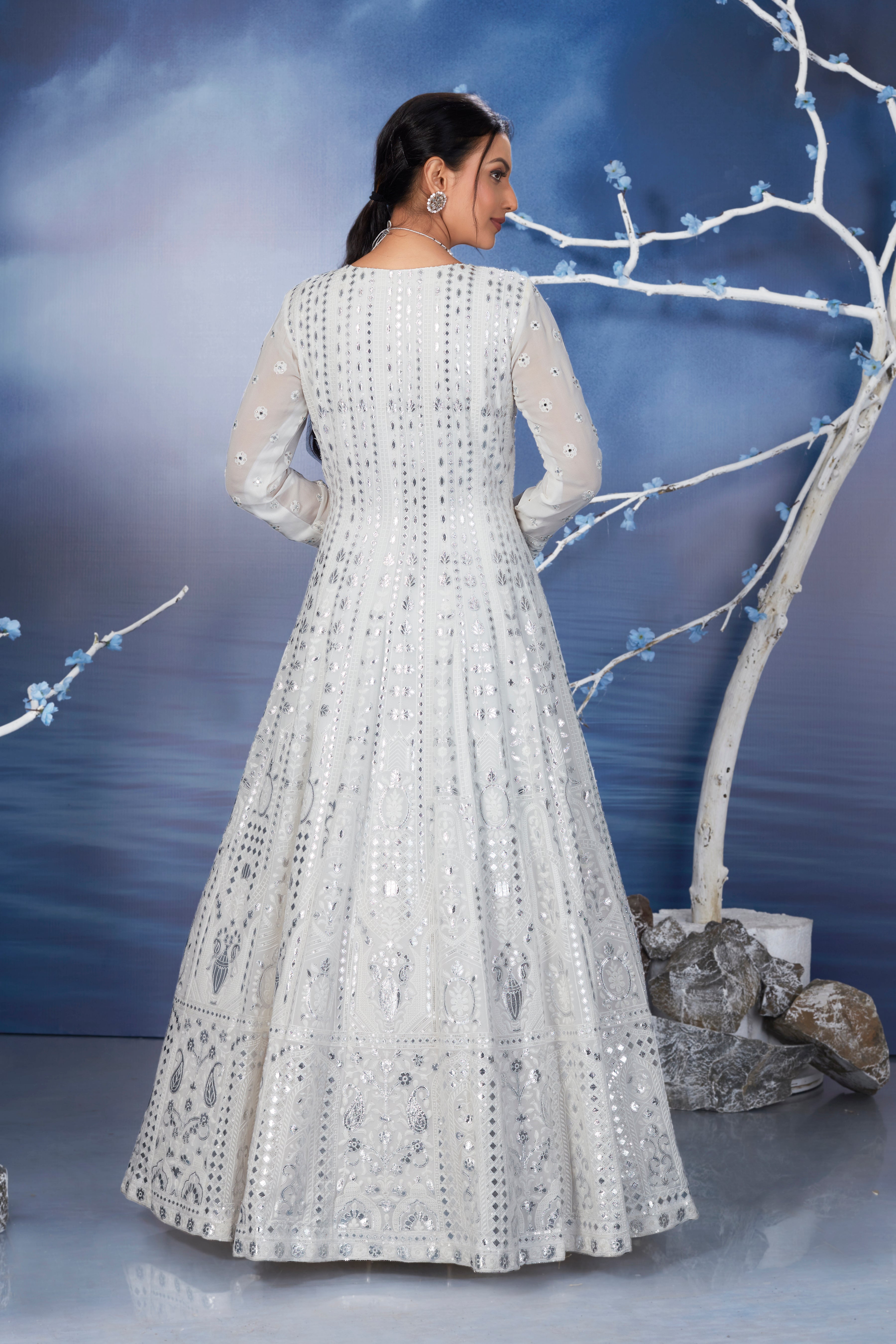 Pearl White Dazzling Mirror Belgium Silk Gown