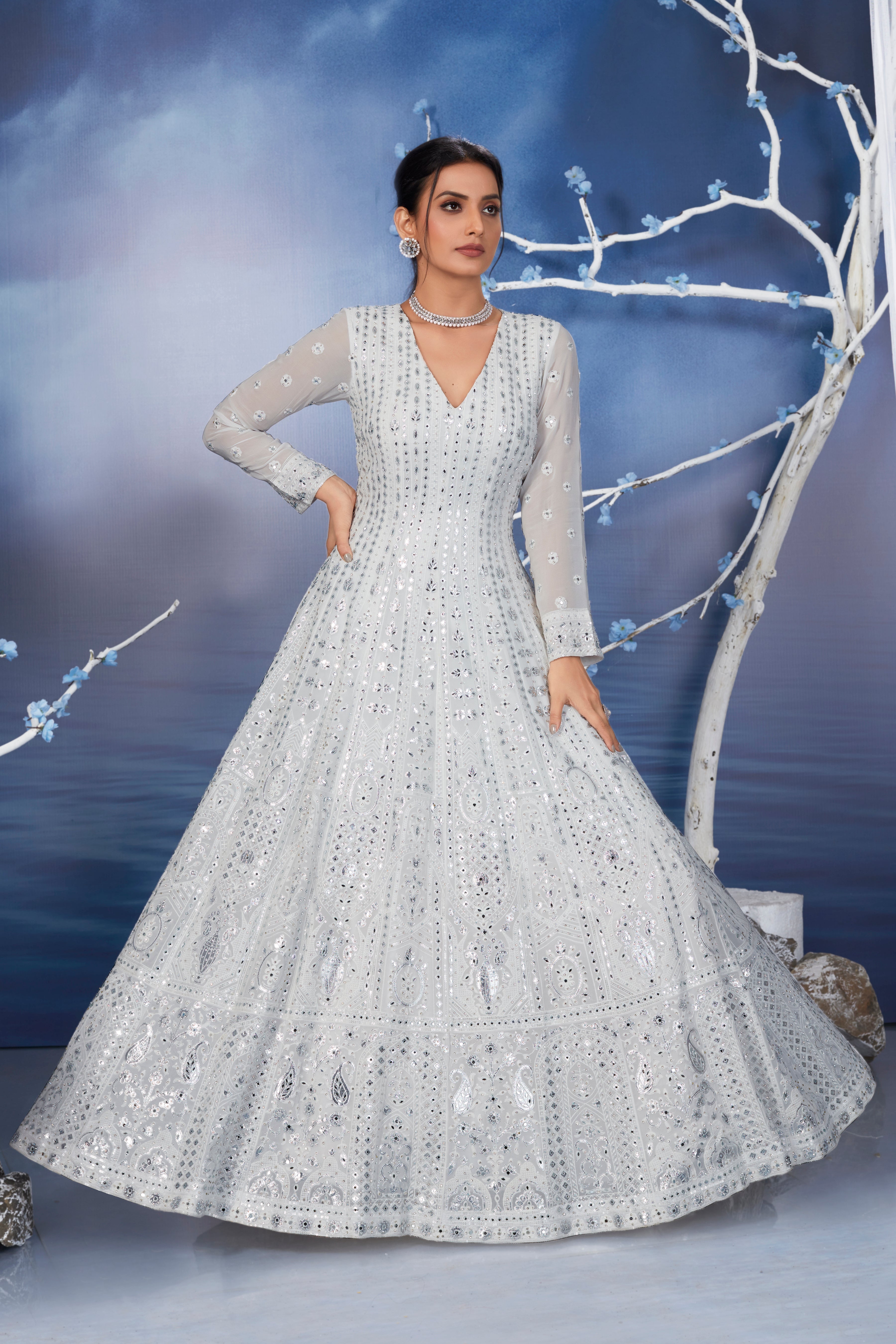 Pearl White Dazzling Mirror Belgium Silk Gown