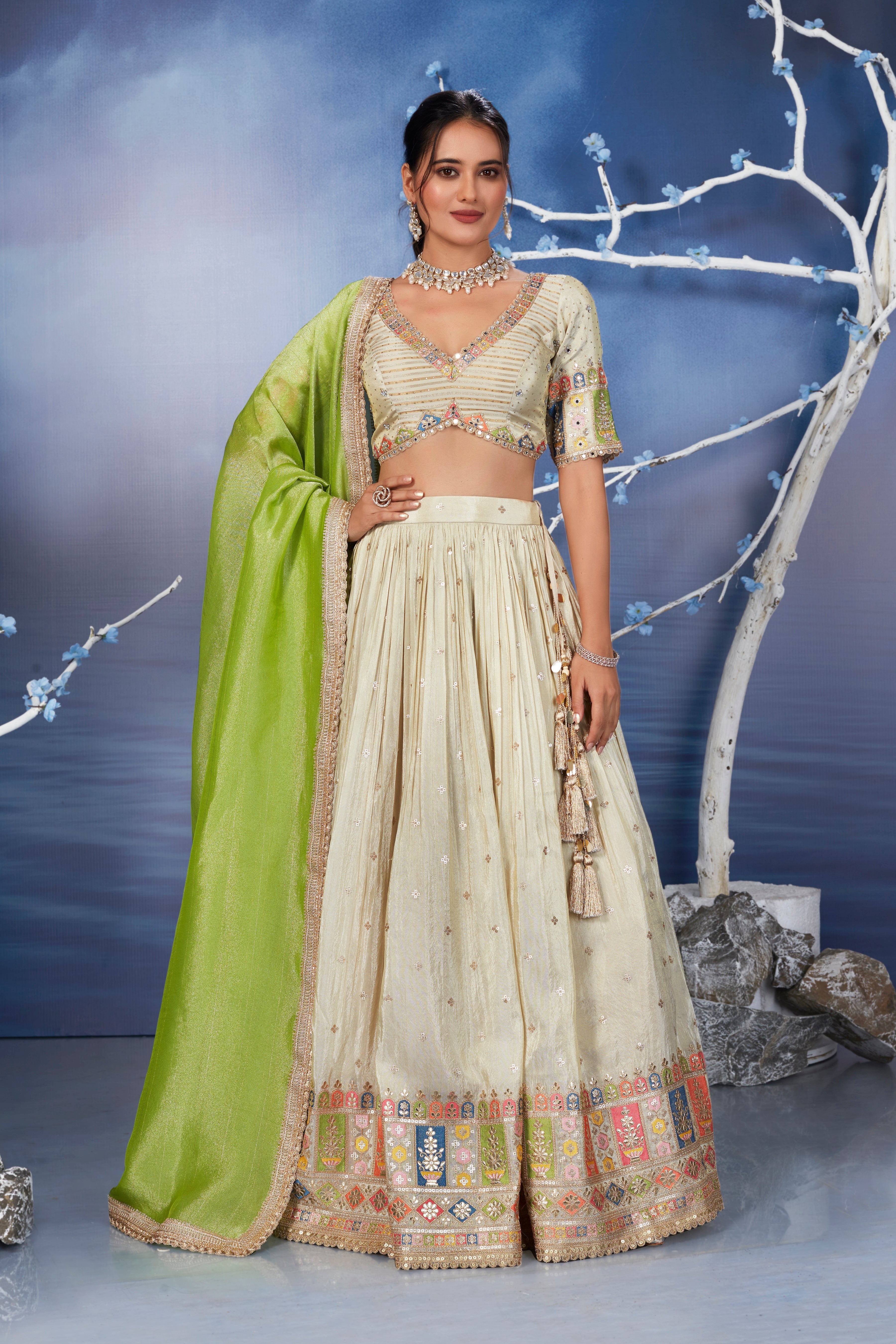 Champagne  Gold Embellished Georgette Silk Lehenga Set